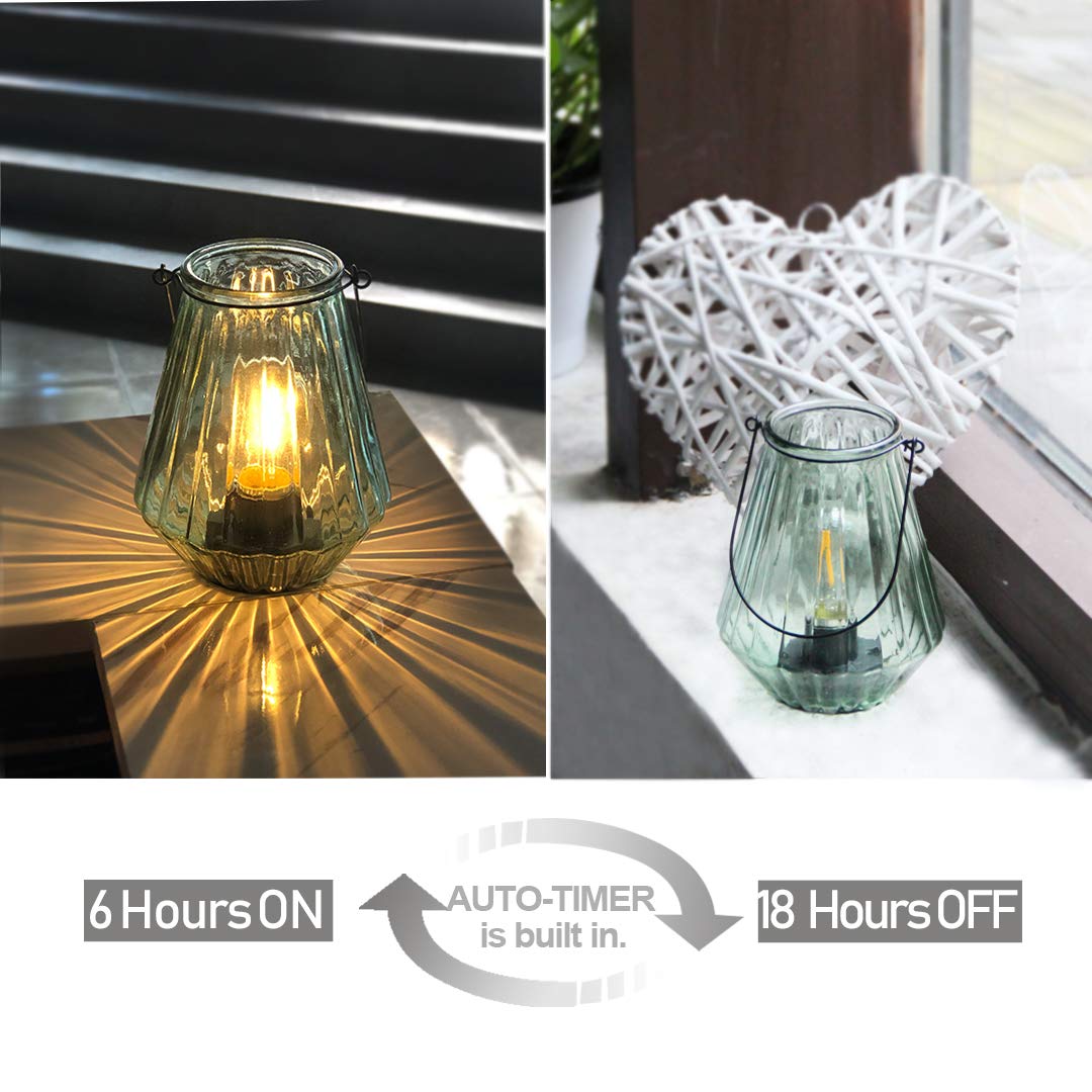 MJ PREMIER Battery Operated LED Lamp - Cordless Vintage Lantern, Light Green, Glass, Ideal for Indoor/Outdoor Decor