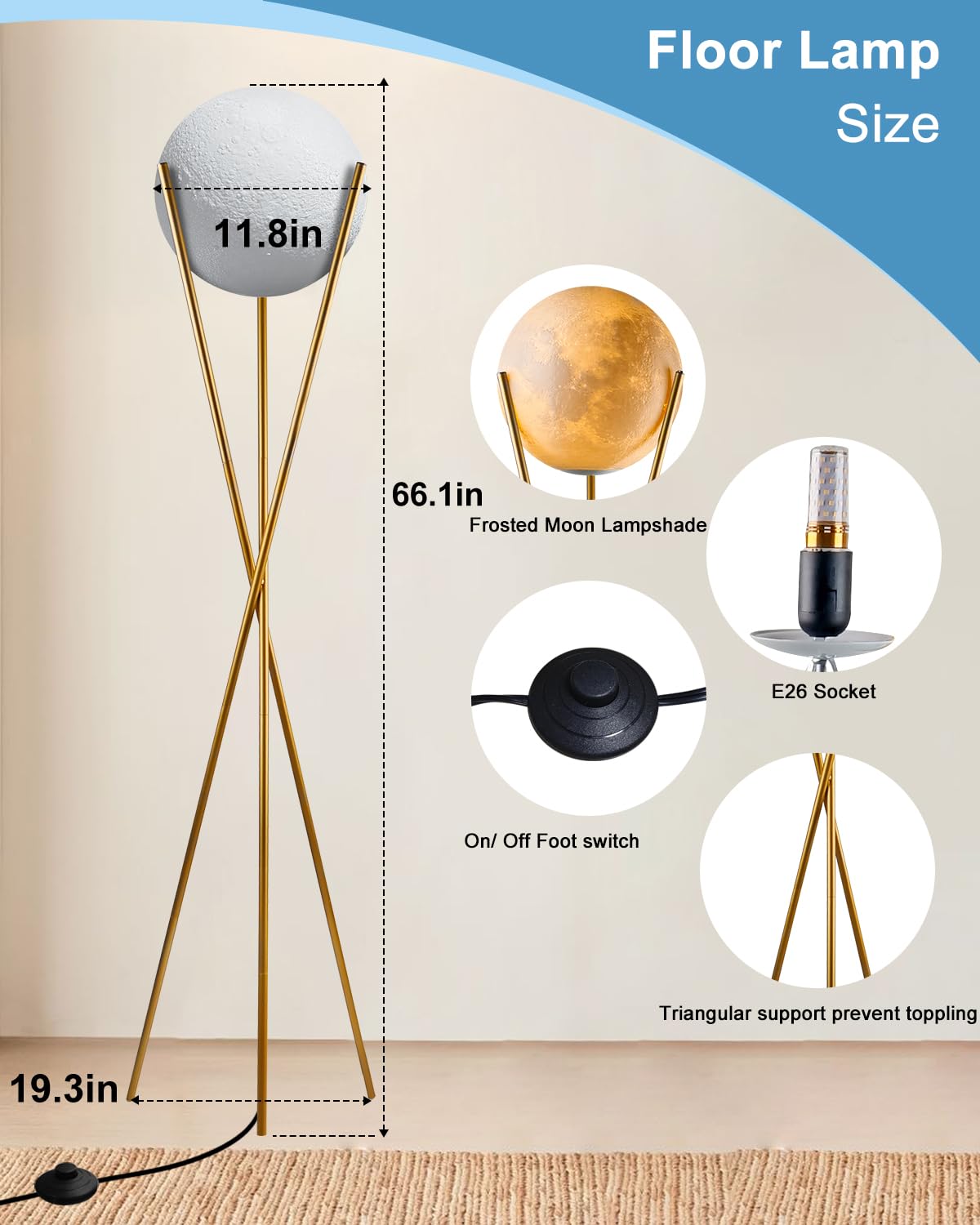 Lightdot 66'' Globe Moon Floor Lamp For Living Room Modern Gold Tripod Floor Lamp With 3D Printing Frosted Shade E26 300K Bulbs