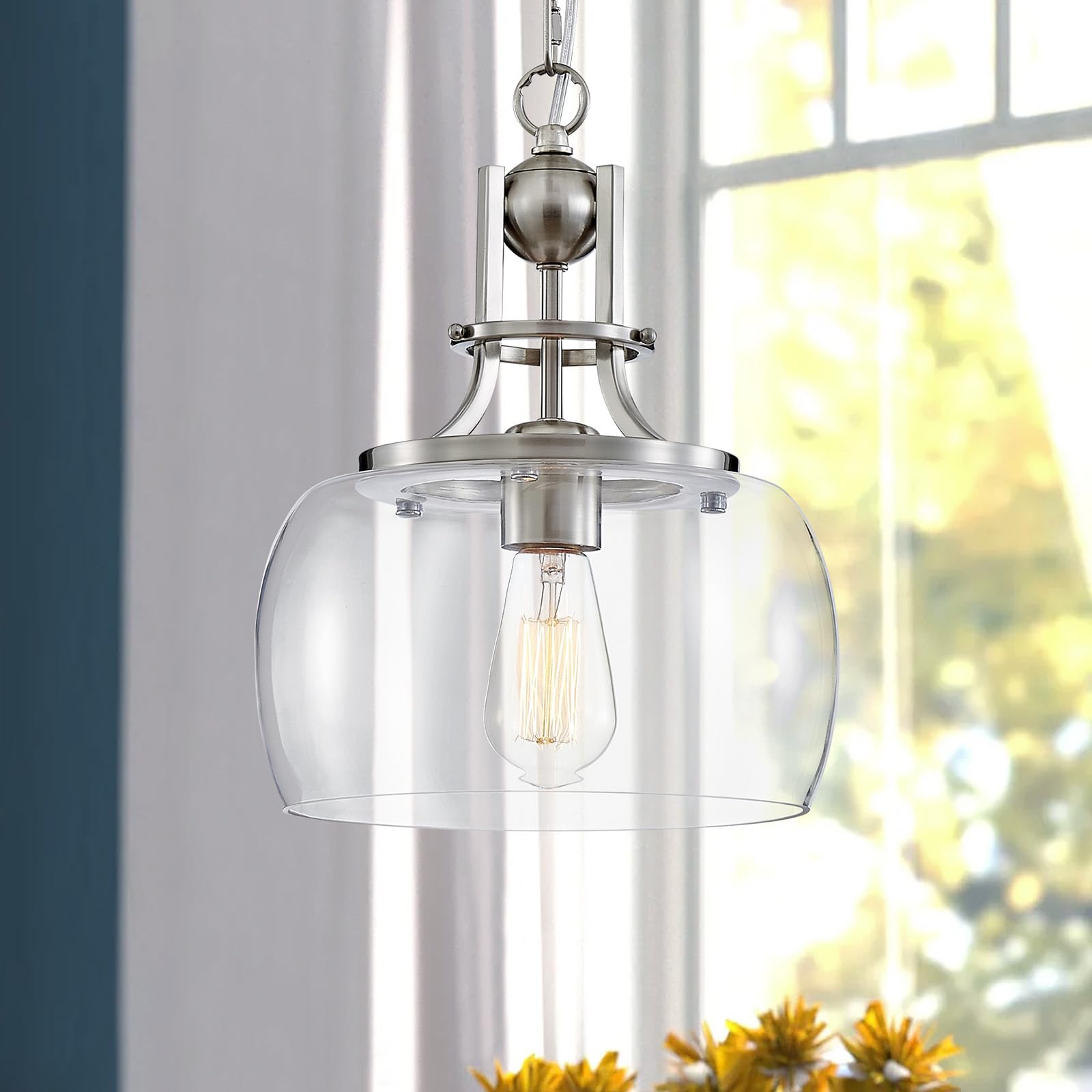 Wuzups Rustic Farmhouse Chandelier, Brushed Nickel Led Pendant Light With Glass Shades, 10&quot; Wide