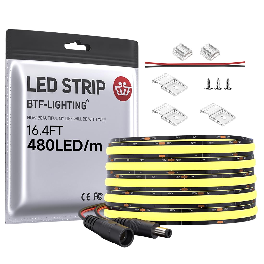 BTF-LIGHTING FCOB IP66 COB LED Strip 480LED/m DC12V Warm White 3000K Flexible High Density Uniform Light 9W/m 16.4FT CRI 90+ 8mm