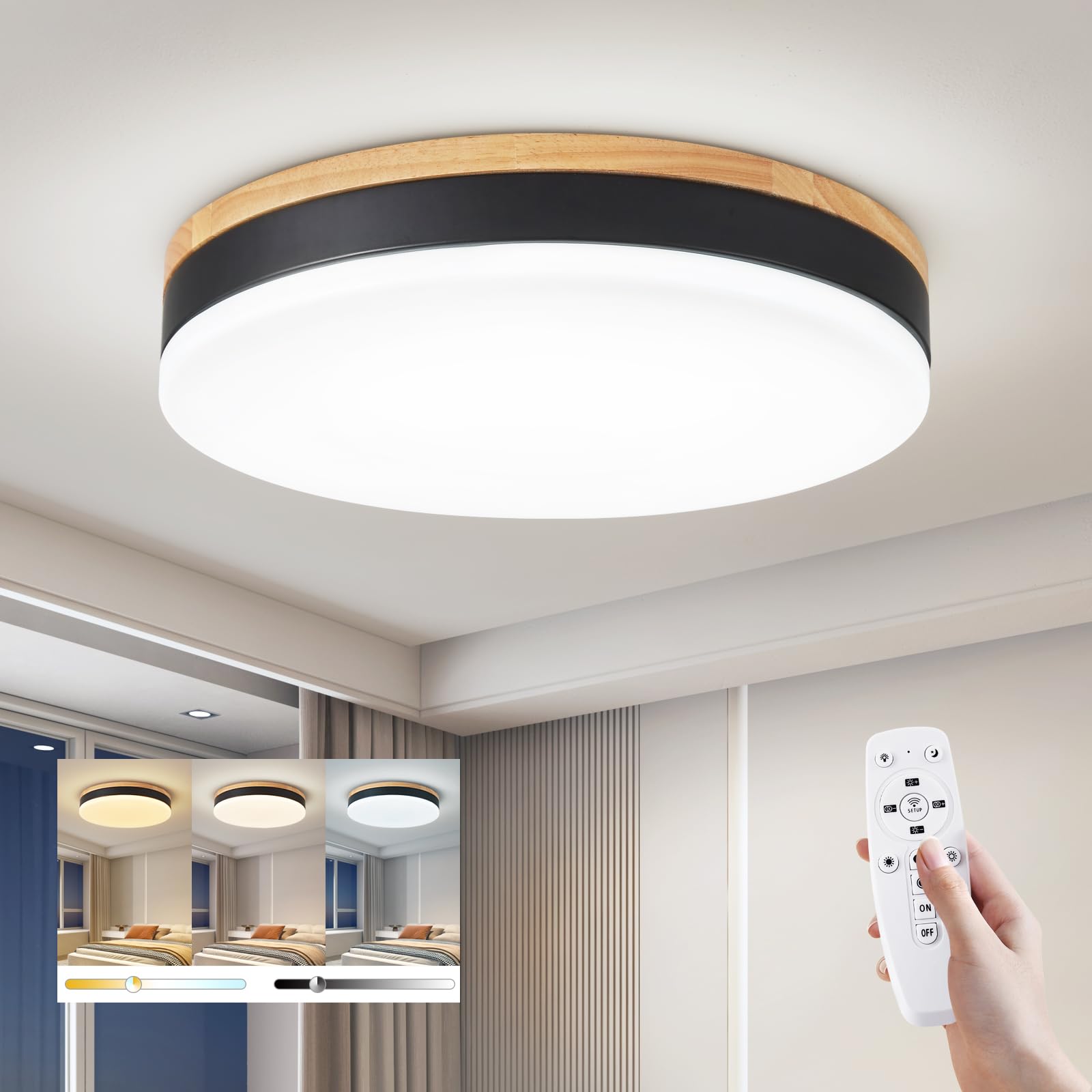 Airseafar Modern Wood LED Ceiling Light, Dimmable 11.8in, 24W, 3000K-6000K Adjustable Color, Black, Model Black2025061812