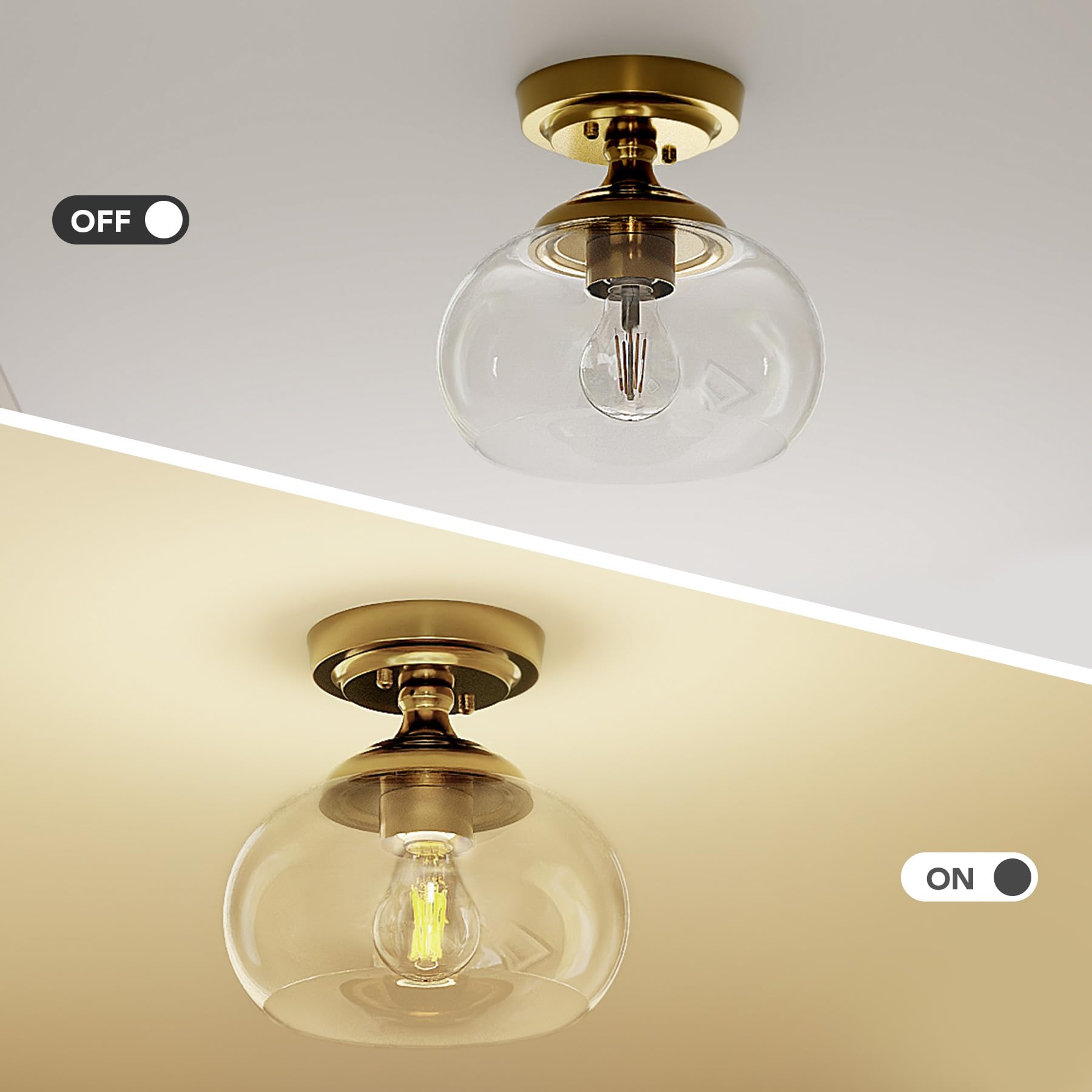 VONLUCE Industrial Semi Flush Mount Ceiling Light, 8.3in Metal Fixture, Clear Glass Shade, Brushed Gold, Model HCF-15M6-GD