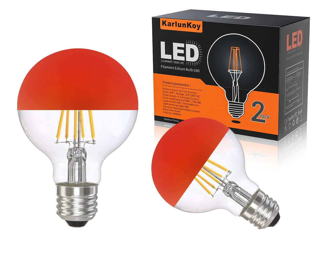 Karlunkoy Half Chrome Light Bulbs,Half Orange Tipped Dimmable 6W (Equivalent 60Watt) Led Ediosn Light Bulbs,Soft White 2700K,G80