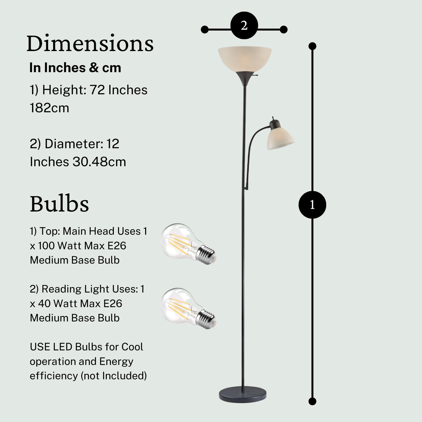 Lightaccents Adjustable Floor Lamp, 72 Modern Reading Light, Black Metal, Model 6280-21 For Living Room, Bedroom, Office