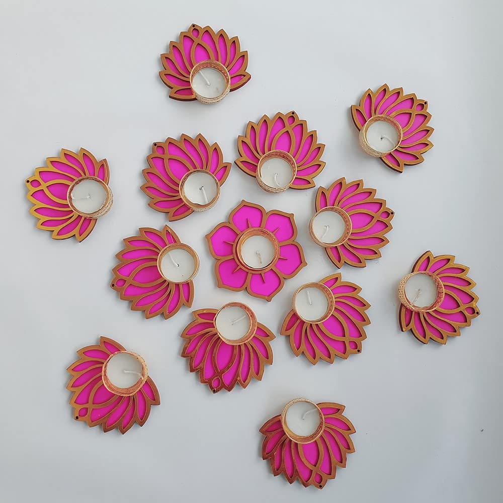 Gift Jaipur Handmade Pink Lotus & Flower Diya Rangoli Set of 13 Candles with Wax (4 Inch) | Deepak Diyas Home Temple Decorations