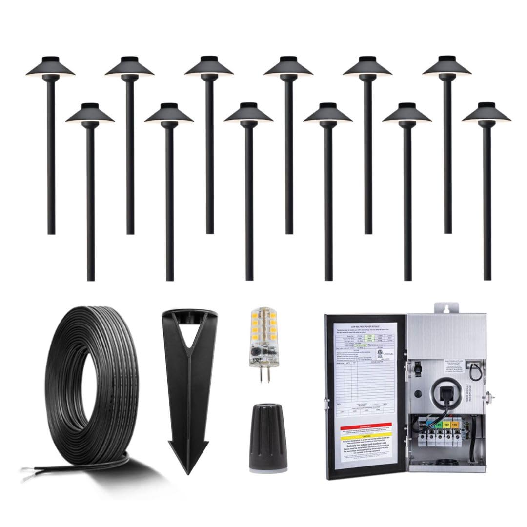 Gardenreet Solid Brass 12V LED Landscape Lighting Kit (12 Black Path Lights) with 300W Low Voltage Transformer and Mechanical Ti