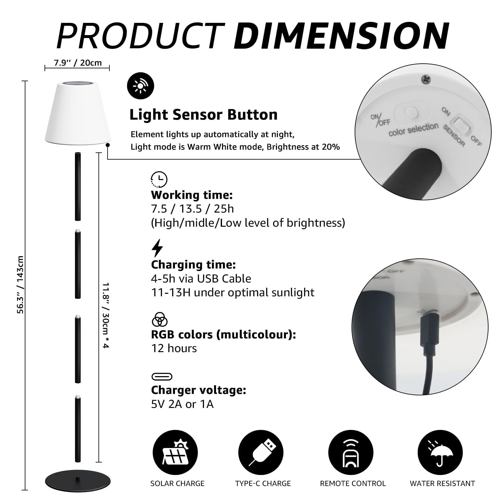 Ggii Solar Outdoor Floor Lamp Usb Rechargeable Cordless Dimmable Rgb Warm White Led Lights For Yard Garden Patio Round Base 59 I