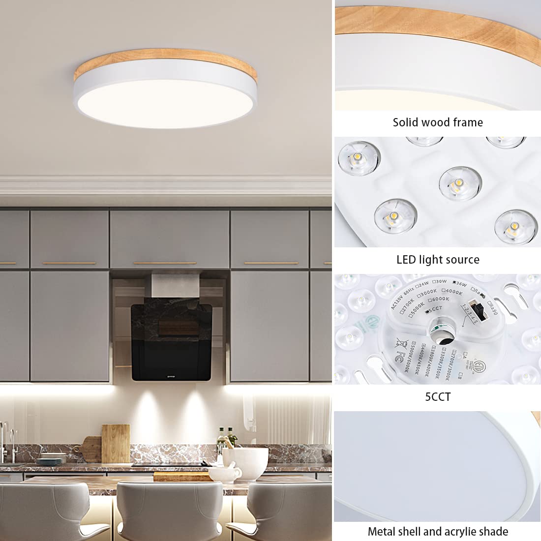 Goomavi Dimmable Wood Led Close To Ceiling Light, Modern 2700K-6000K 5Cct Round White Flush Mount Ceiling Light Fixtures, Minimalist Ceiling Lamp For Living Room, Dining Room, Bedroom, Kitchen-15.8In