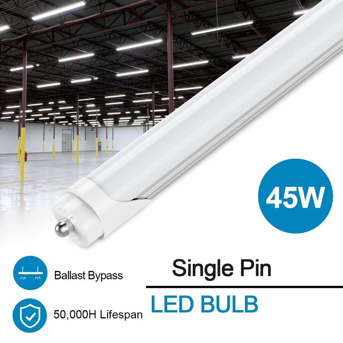 CNSUNWAY 8FT T8 LED Tube Lights - 50W High-Output, 5000K Daylight, Frosted Cover, 10 Pack, ETL Certified
