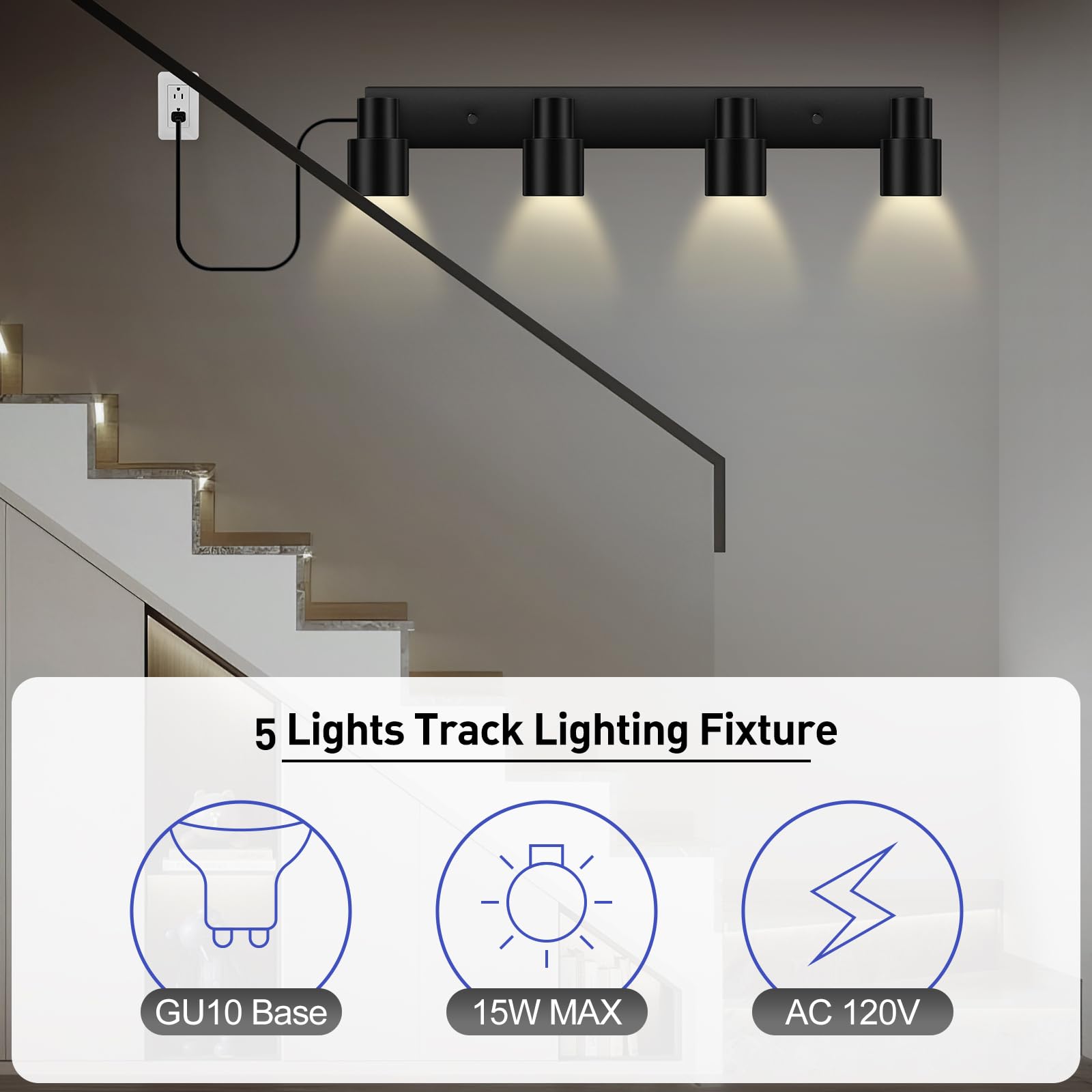 Track Lighting Plug In, 23'' Led Track Lighting Fixtures Ceiling, Black 4 Way Spotlight, Rotatable Track Head, Plug In Ceiling L