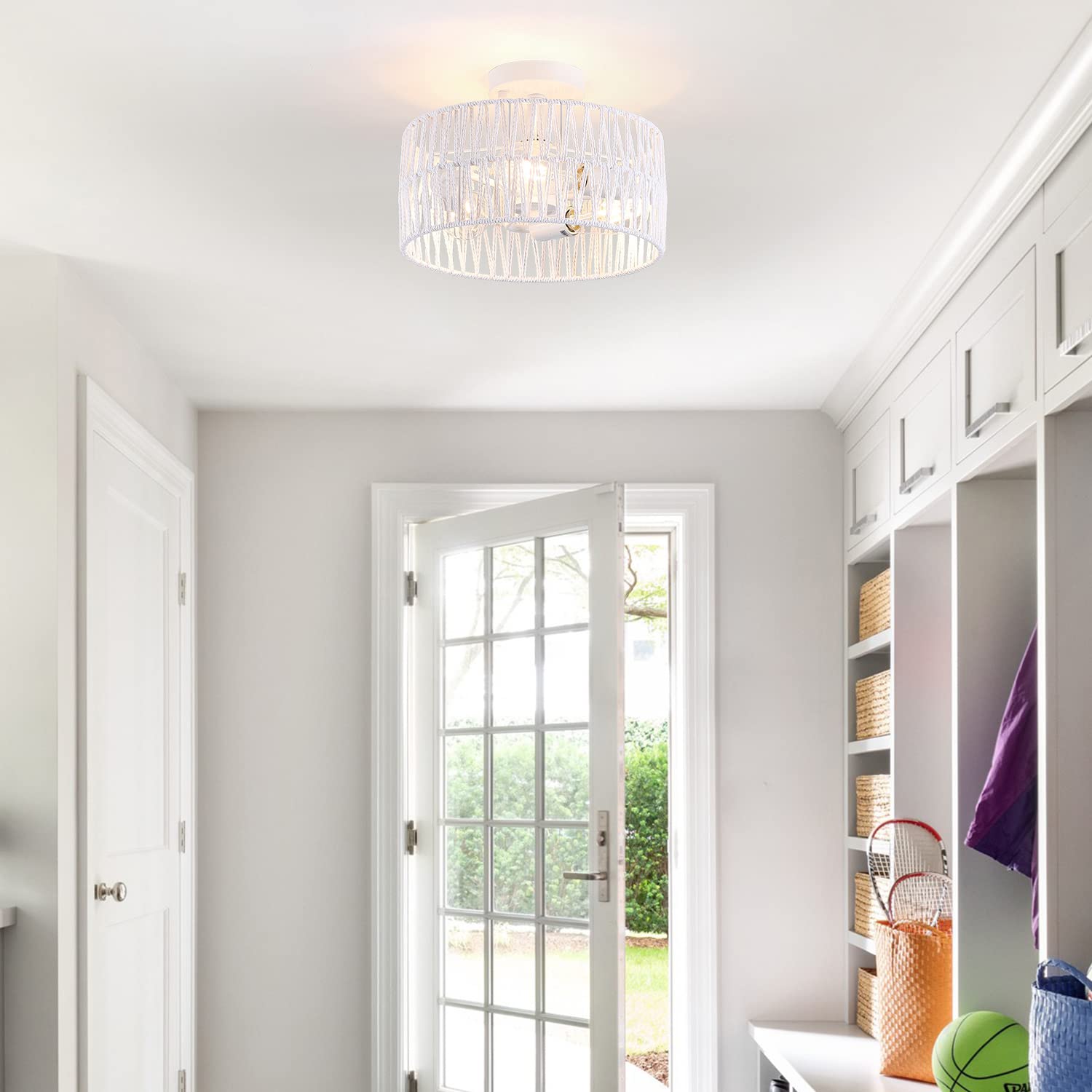 Hchunqjor 3-Light Coastal White Woven Flush Mount Light Fixture Boho Hemp Rope Semi Flush Mount Ceiling Light For Hallway Bedroo