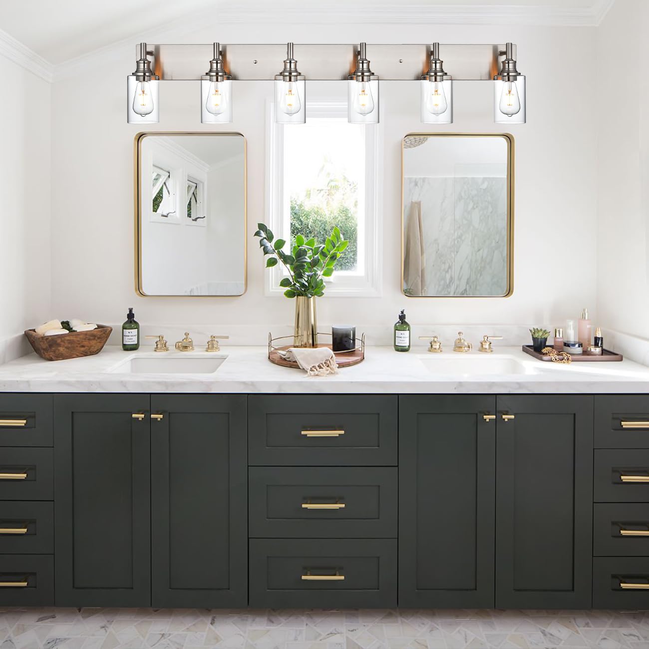 Wanluce Brushed Nickel 6 Light Fixtures For Bathroom Vanity Lights Industrial Modern Farmhouse Wall Lighting With Clear Glass Sh