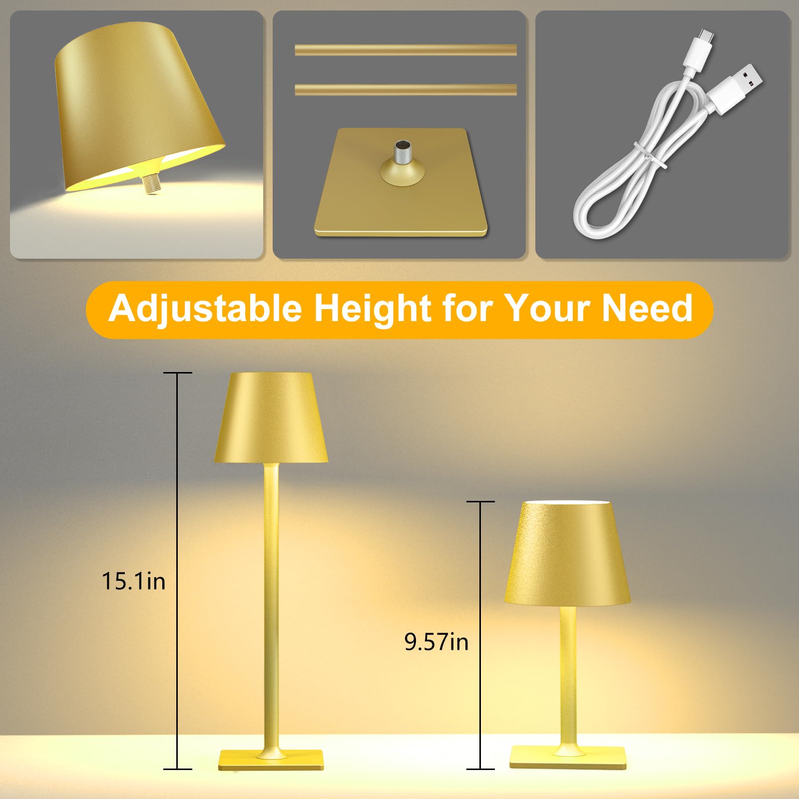 FenFud Gold Cordless Table Lamp - 2 Pack, 6000mAh Battery, Waterproof, Touch Control, 3 Color Dimming, Indoor/Outdoor Use