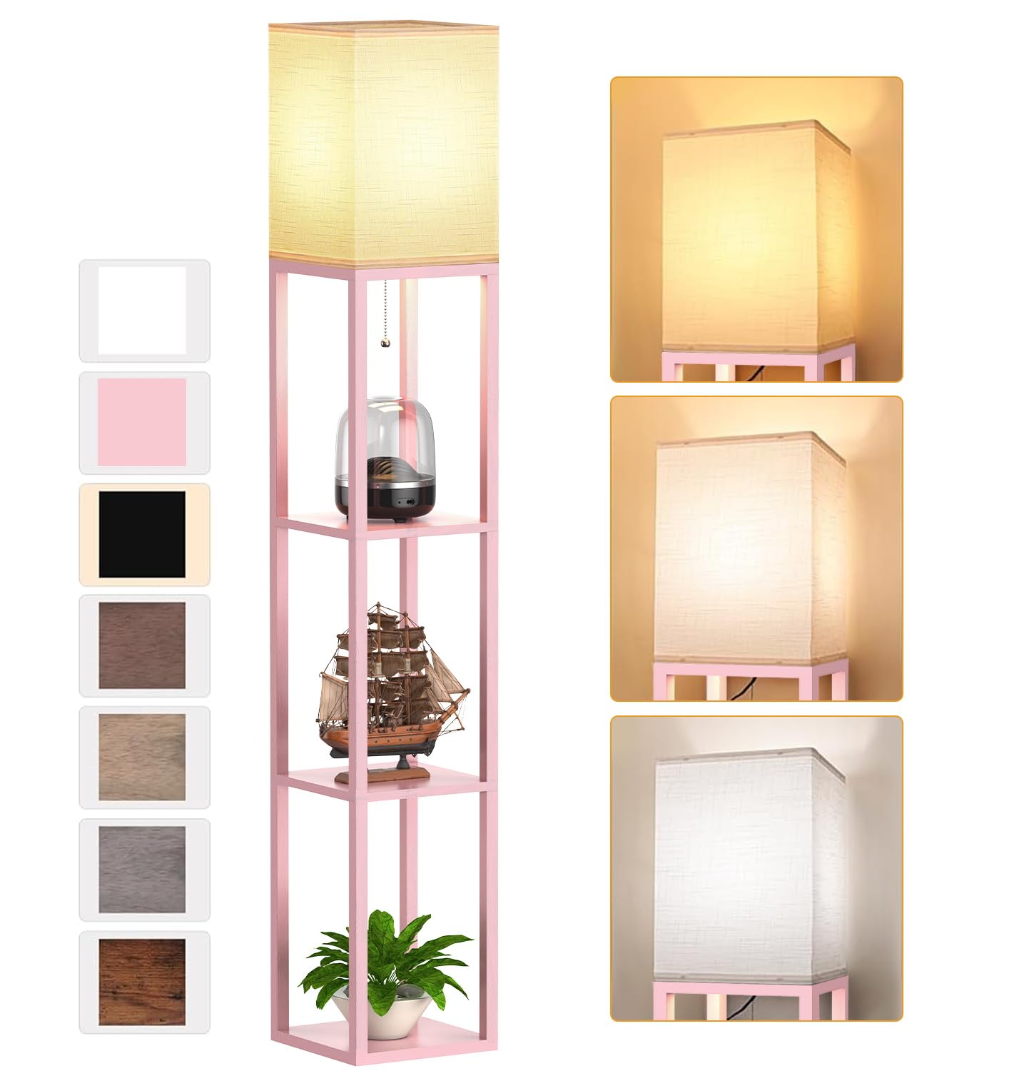 Pink Floor Lamp With Shelves For Living Room, Shelf Floor Lamp With 3 Cct Led Bulb, Corner Display Standing Column Lamp Etagere