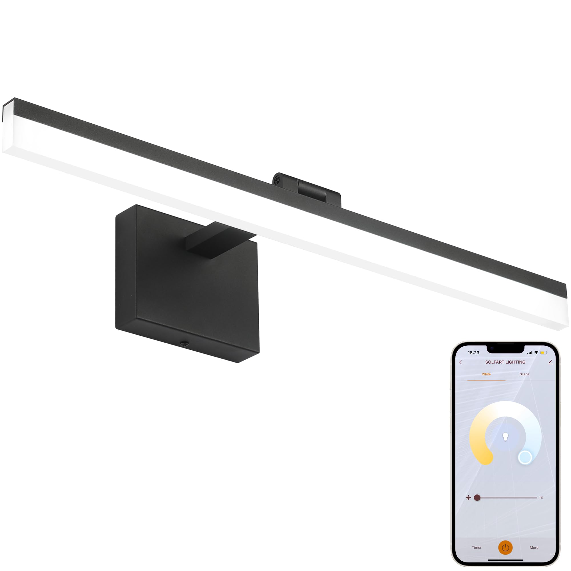 SOLFART Black Vanity Light Fixtures, 23.6 Inch LED Over Mirror, Adjustable Color Temperature, Dimmable, Aluminum, Model 8778-600mm