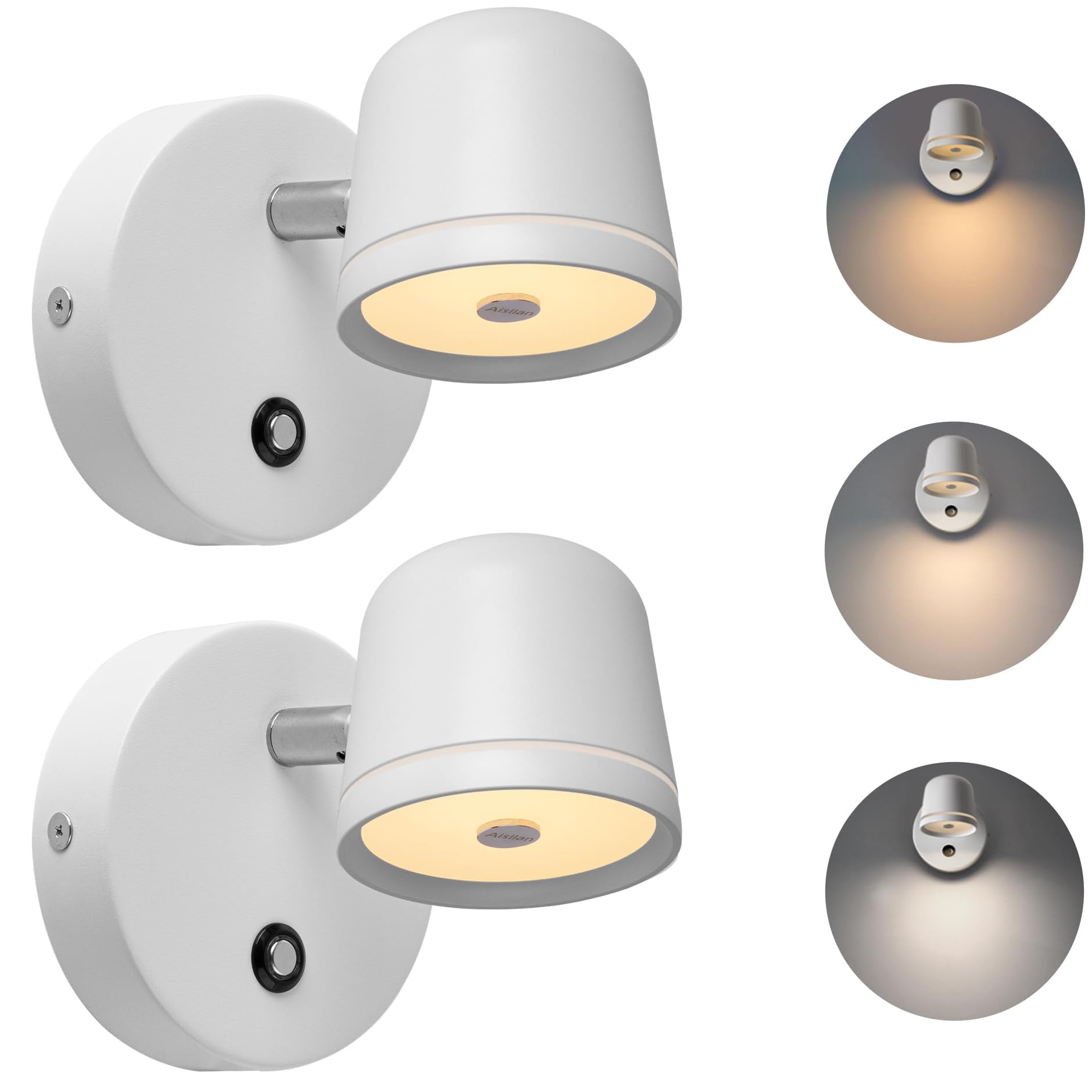 Aisilan Wall Sconces Set Of Two With Switch Dimmable 7W Sconces Wall Lighting Modern White Bedroom Wall Mounted Light Adjustable