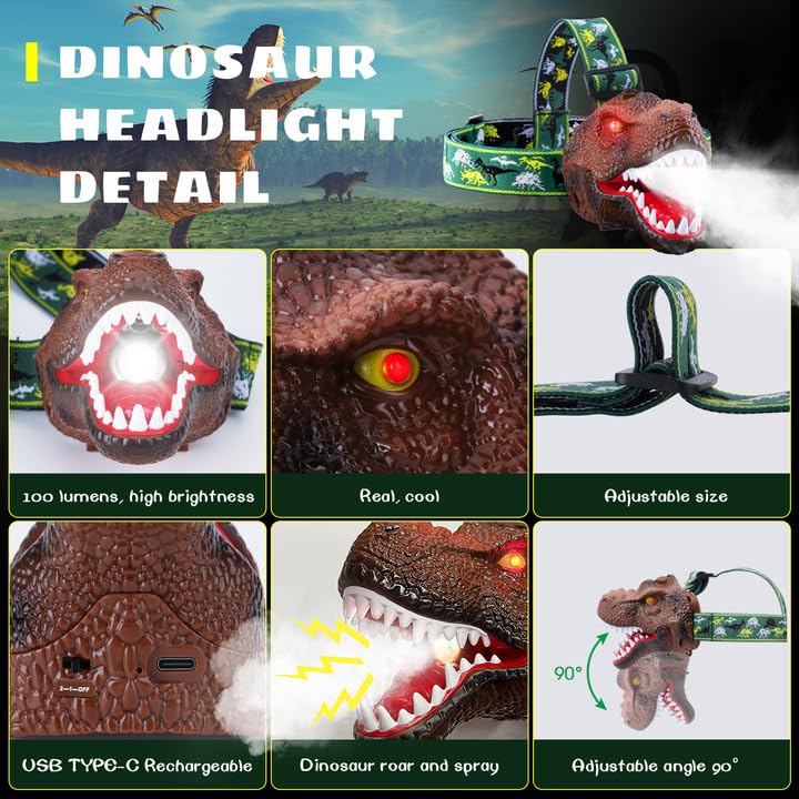 Dysaim LED Dinosaur Spray Headlamp - 2 Pack, Dark Brown, Kids Camping Gear, Ideal Gift for Birthdays, Halloween, Christmas