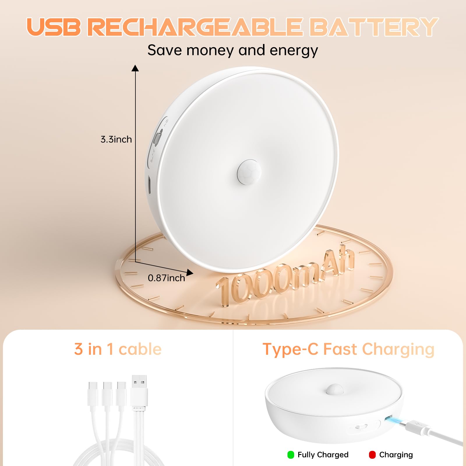 Warm Color Led Closet Lights Wireless Motion Sensor Puck Light, Usb Rechargeable Battery Operated Puck Lights With Remote, Dimma