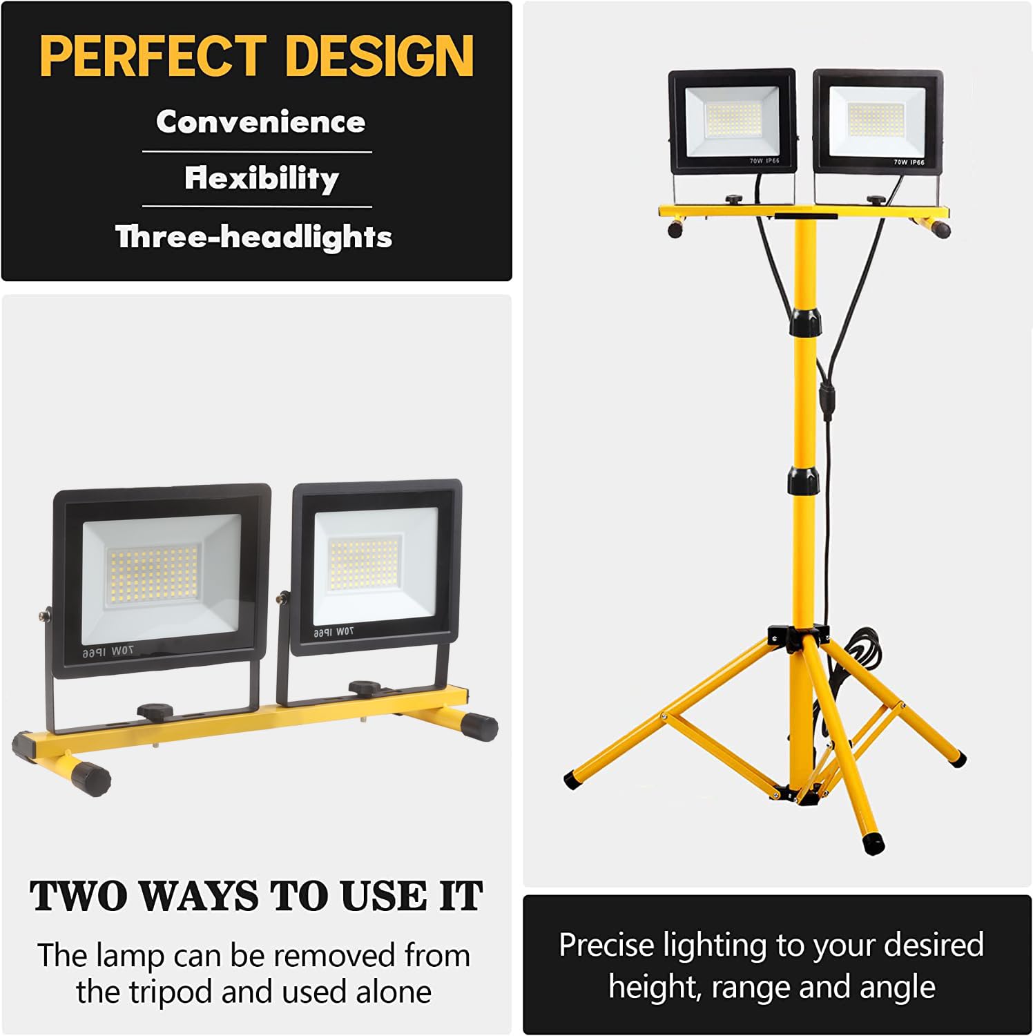 GUWELL 21000 Lumen LED Work Light with Adjustable Tripod Stand, Waterproof, Yellow, Model 23-WL-01, 2 Adjustable Heads