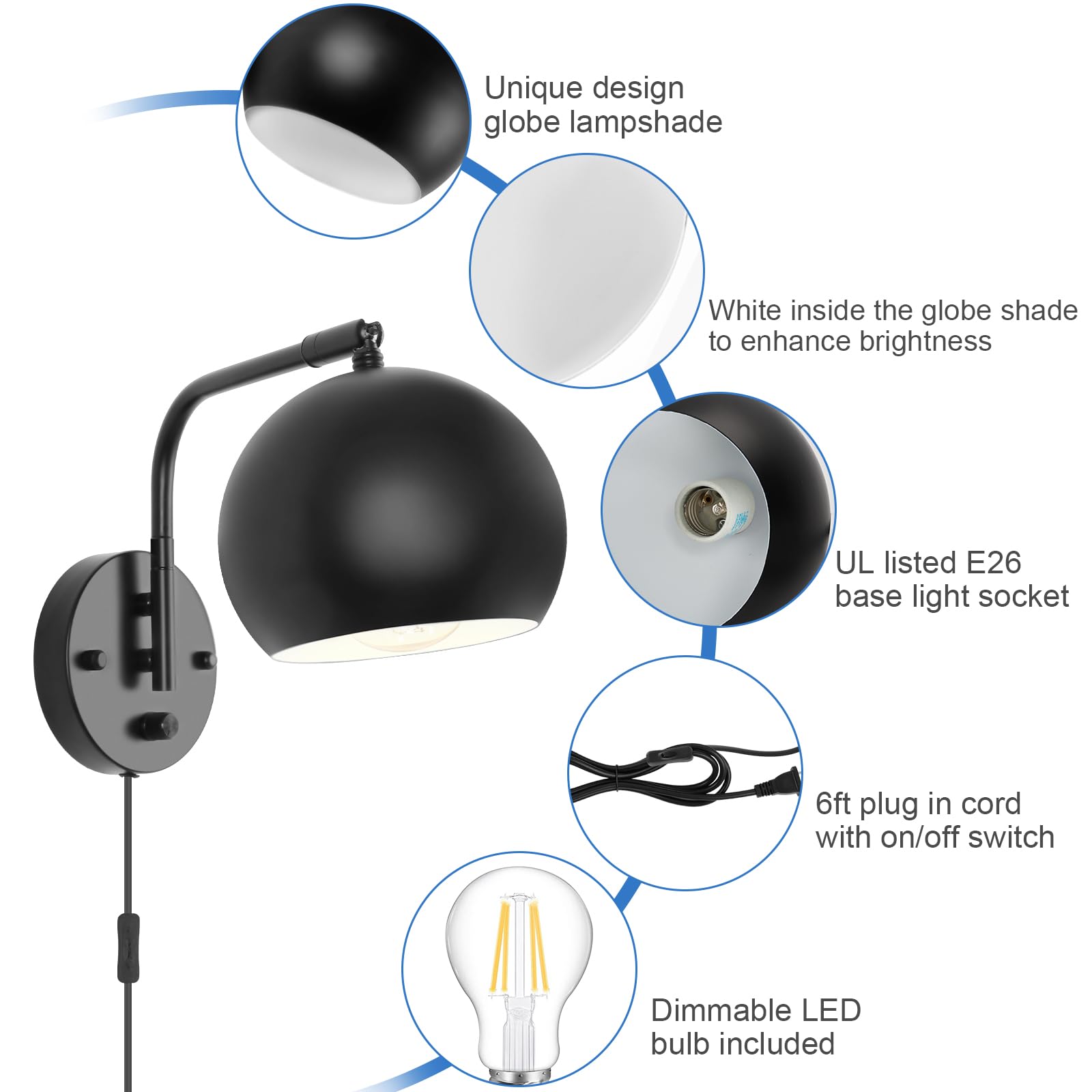 Vatoni Dimmable Wall Sconces Set Of 2, Plug In Wall Sconces Swing Arm Wall Lights With Plug In Cord And Dimmer On/Off Knob Switc