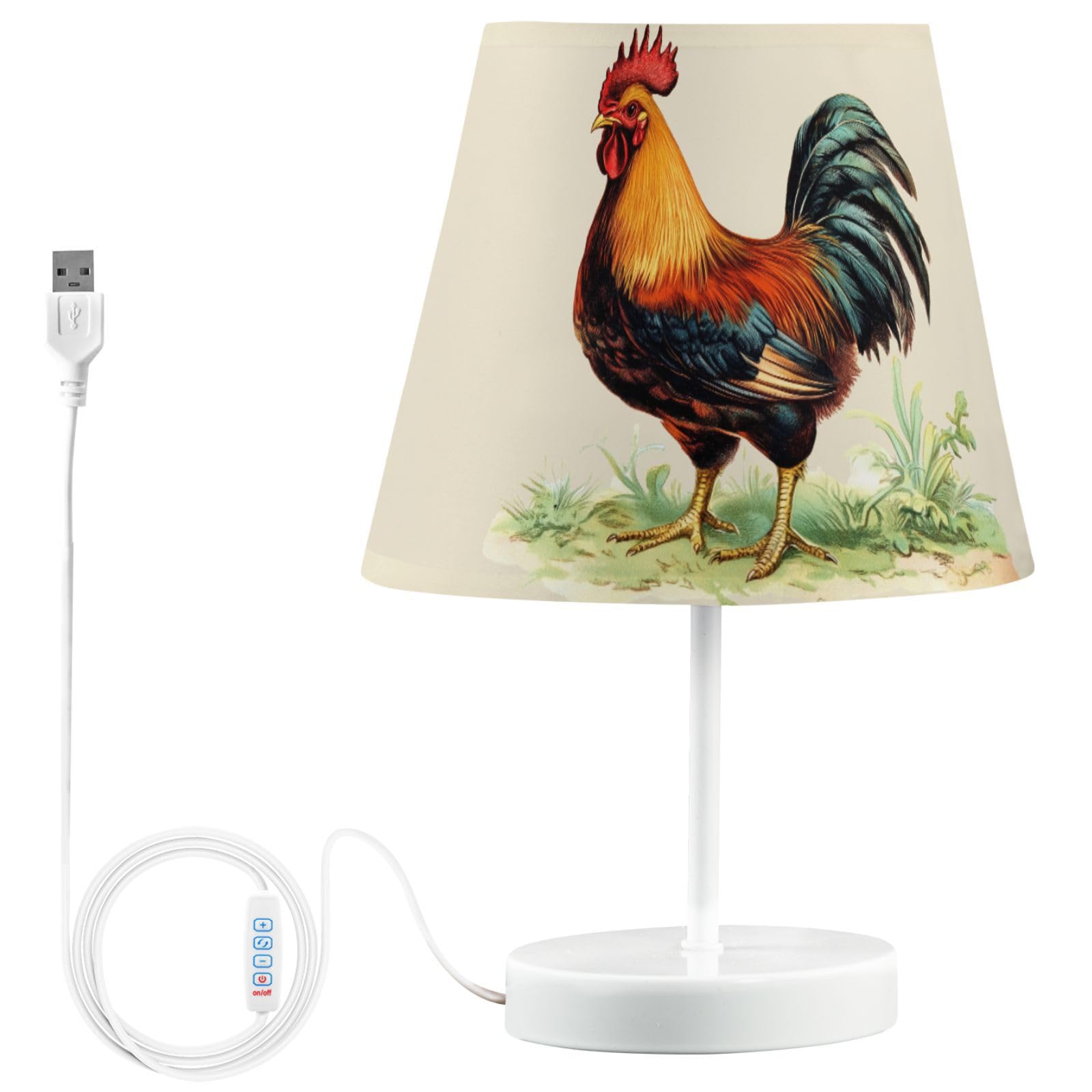Peystean USB 3-Color Dimmable LED Table Lamp, Beautiful Retro Colors Rooster 12 High Linen Bedside Nightstand Light with USB Por