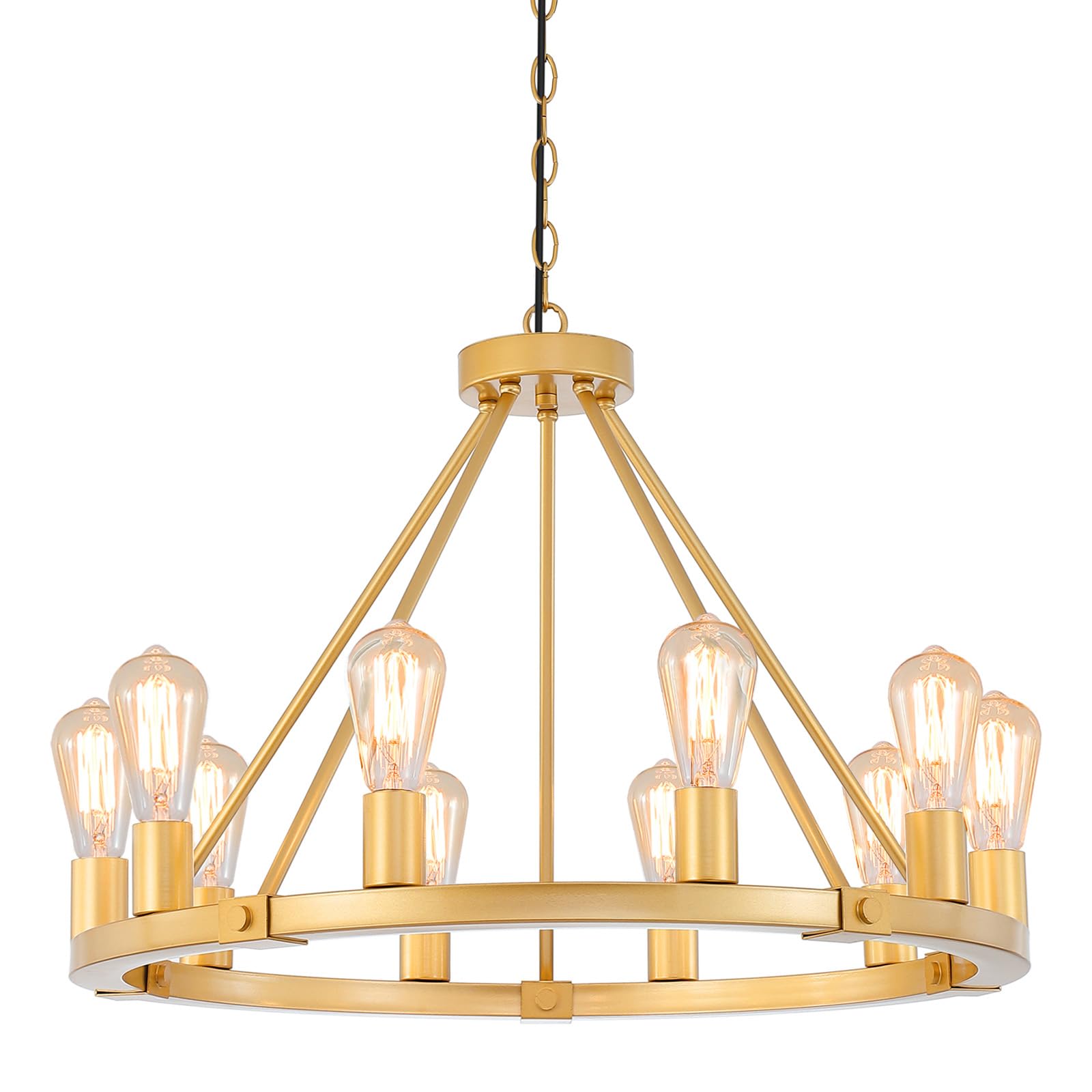 9MMML Gold Wagon Wheel Chandelier, 10-Light Metal Pendant Light Fixture, 26.7in  for Living Room, Bedroom, Foyer, Model 8003