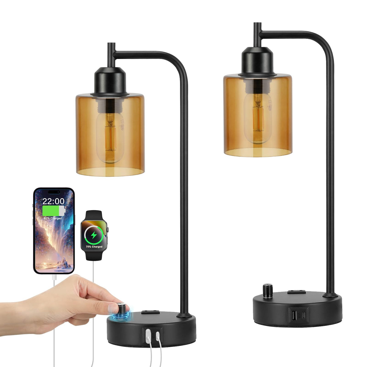 Industrial Bedside Lamps For Nightstand Set Of 2 - Fully Dimmable Bedroom Lamps With Usb A C Ports And Outlet, Black Table Lamps With Amber Glass Shade For Living Room, Desk Lamps For Office Reading