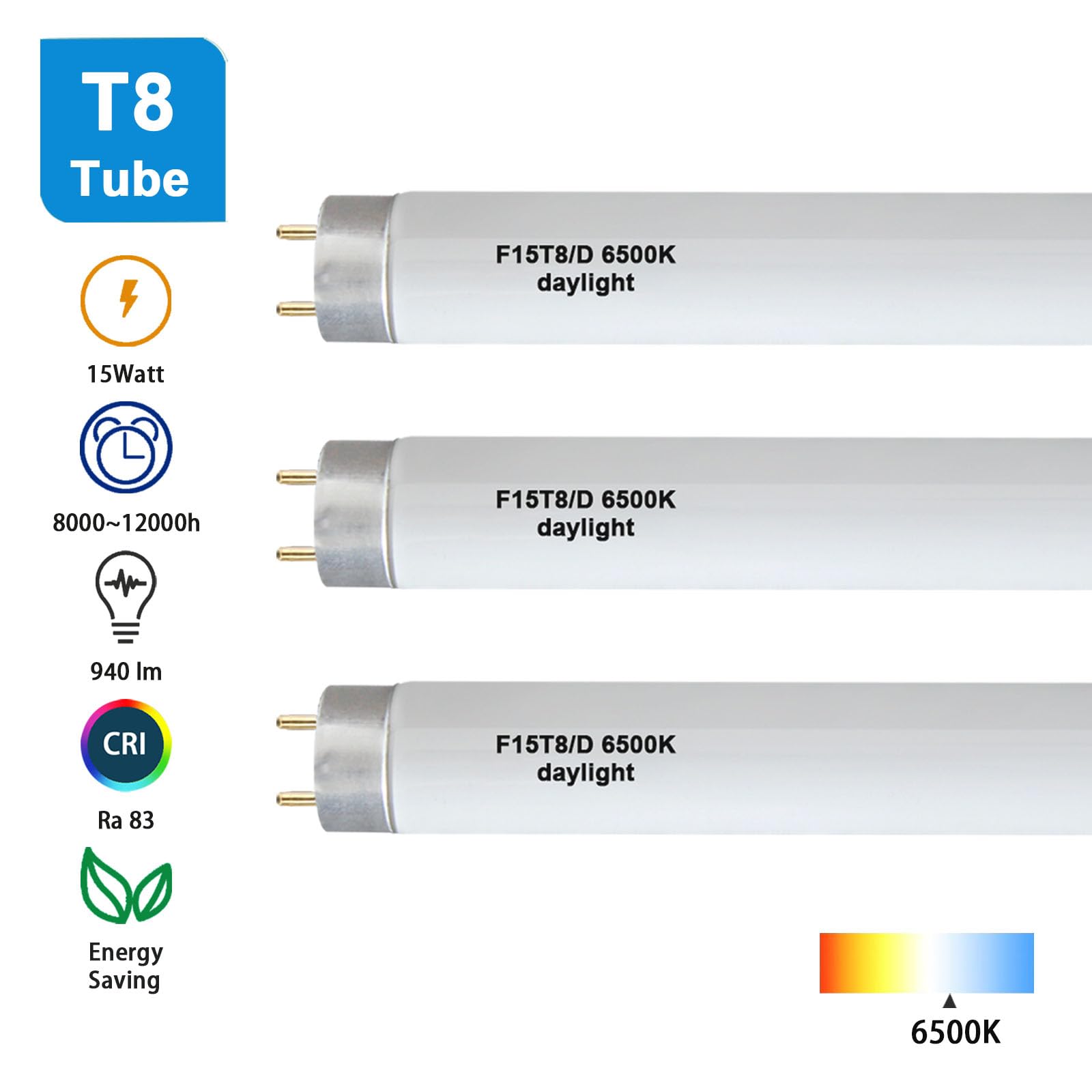 KosunRefill F15T8/D Daylight 18Inch 15 Watt T8 Straight Tube,F15T8/DL T8 Linear Preheat Lighting Lamps,G13 Medium Bi-Pin Base, 6