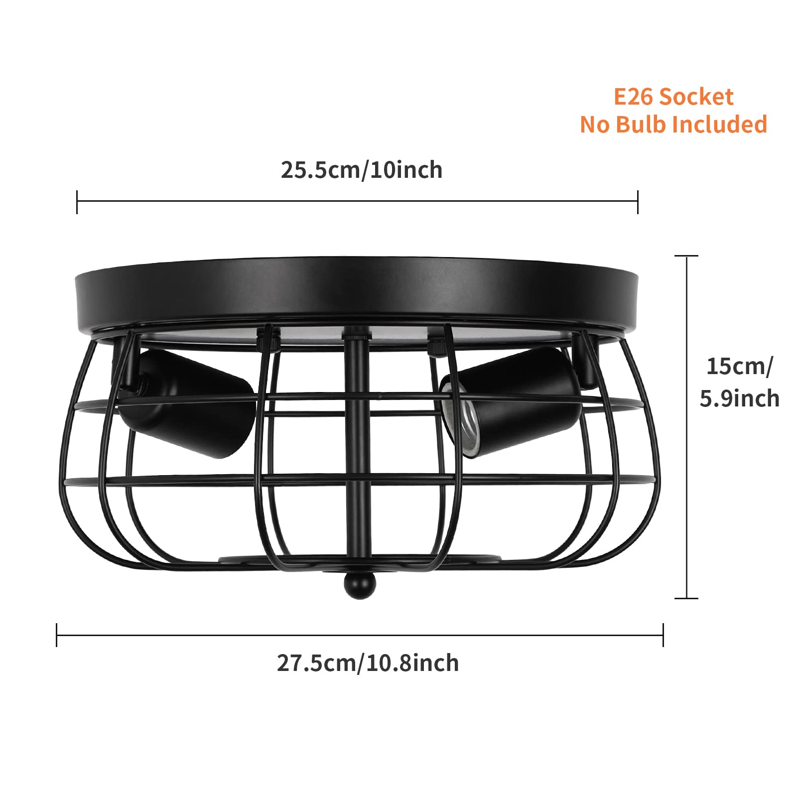 Industrial Black Flush Mount Ceiling Light 2-Light Farmhouse Ceiling Light Fixtures Metal Cage Ceiling Lighting For Hallway, Kit