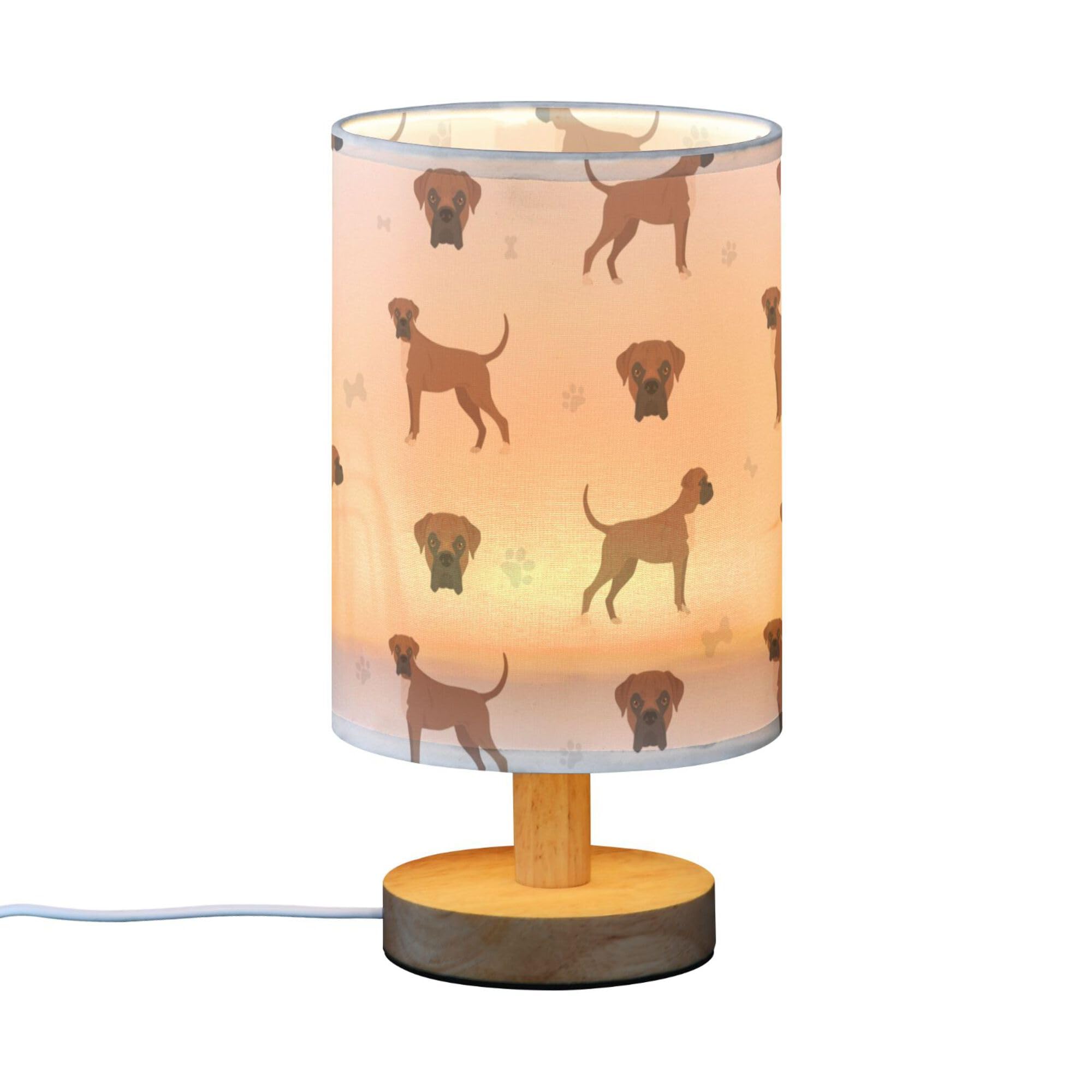 Yyzzh Table Lamp Boxer Dog Pattern Nightstand Lamp With Wood Base Fabric Lamp Shade Bedside Desk Lamp For Living Room Bedroom Ki
