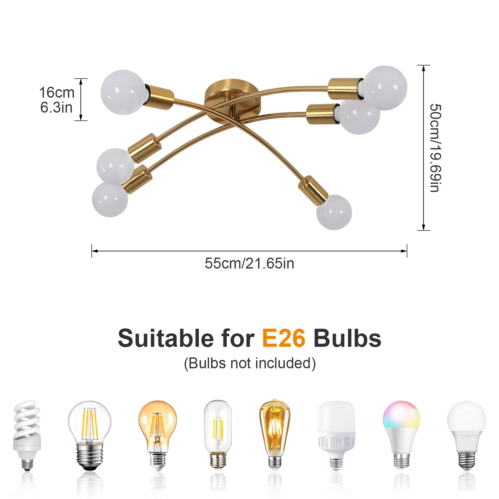Tealight Gold Sputnik Ceiling Light Fixture  Modern 6-Light Sputnik Chandelier With 350 Rotatable Arms  E26 Bulb Compatible For Living Room  Bedroom  Dining Room - Stylish Home Decor Lighting
