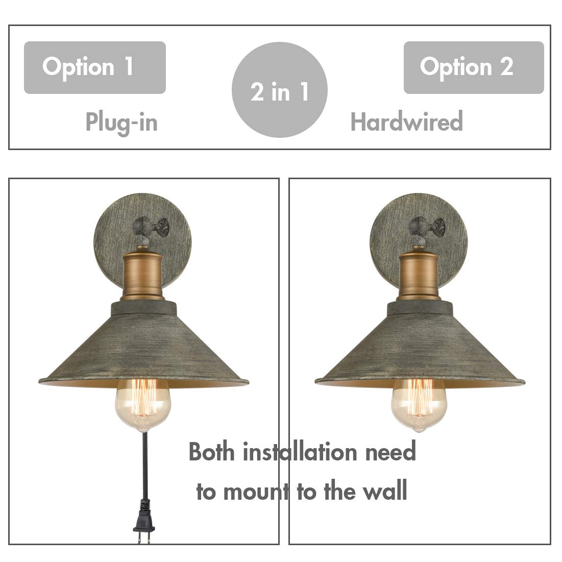 JEENKAE Vintage Wall Sconces Set of 2, Hardwired/Plug-in, Dark Charcoal Gray, Metal, Model T8856BU-C-LM-2