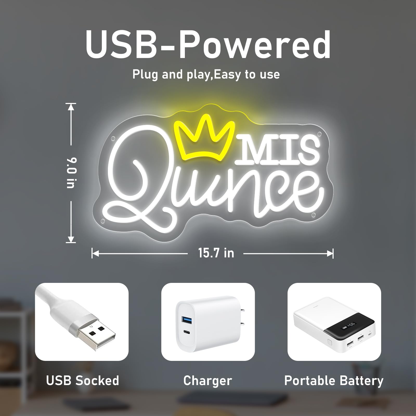 Mis Quince Neon Sign Cold White For Wall Decor Dimmable Led Sign Neon Lights For Bedroom Light Decoration For Birthday Party Room Decoration Gift For Girl Kid Lover 40Cm*23Cm