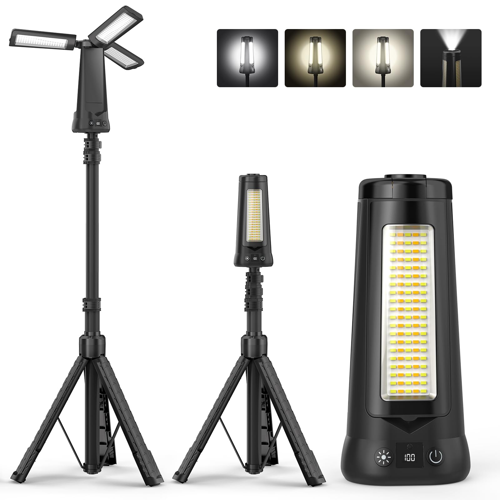 Dimgogo Rechargeable Camping Light with Stand 7 ft Max Height, 15000mAh Portable Cordless LED Work Light, 5500 Lumen 6500/4500/3