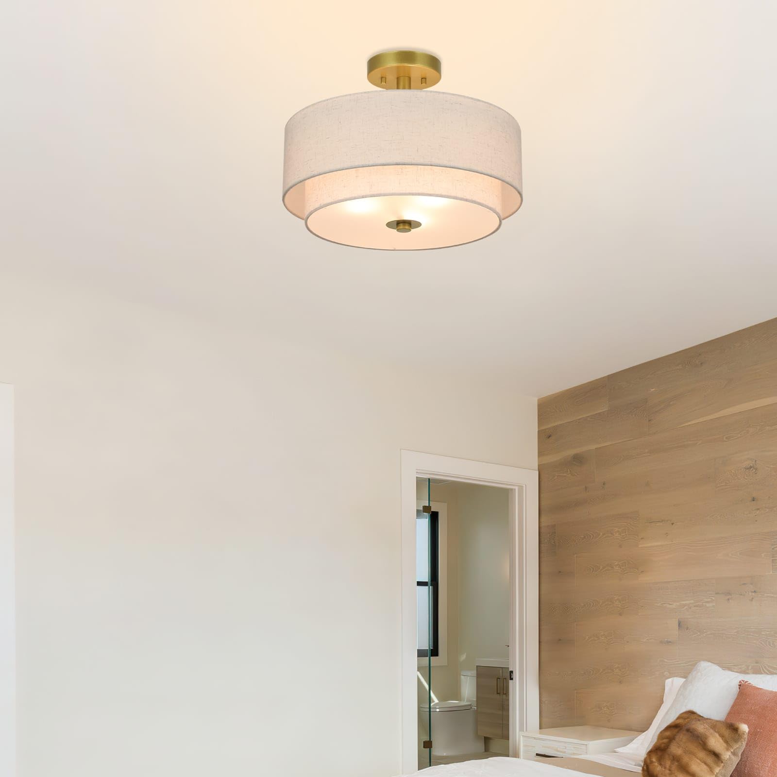 Xinbei Lighting 3 Light Semi Flush Mount Light, Close To Ceiling Light Fixture With Fabric Shade Retro Gold Brass 16 Inch Semi F