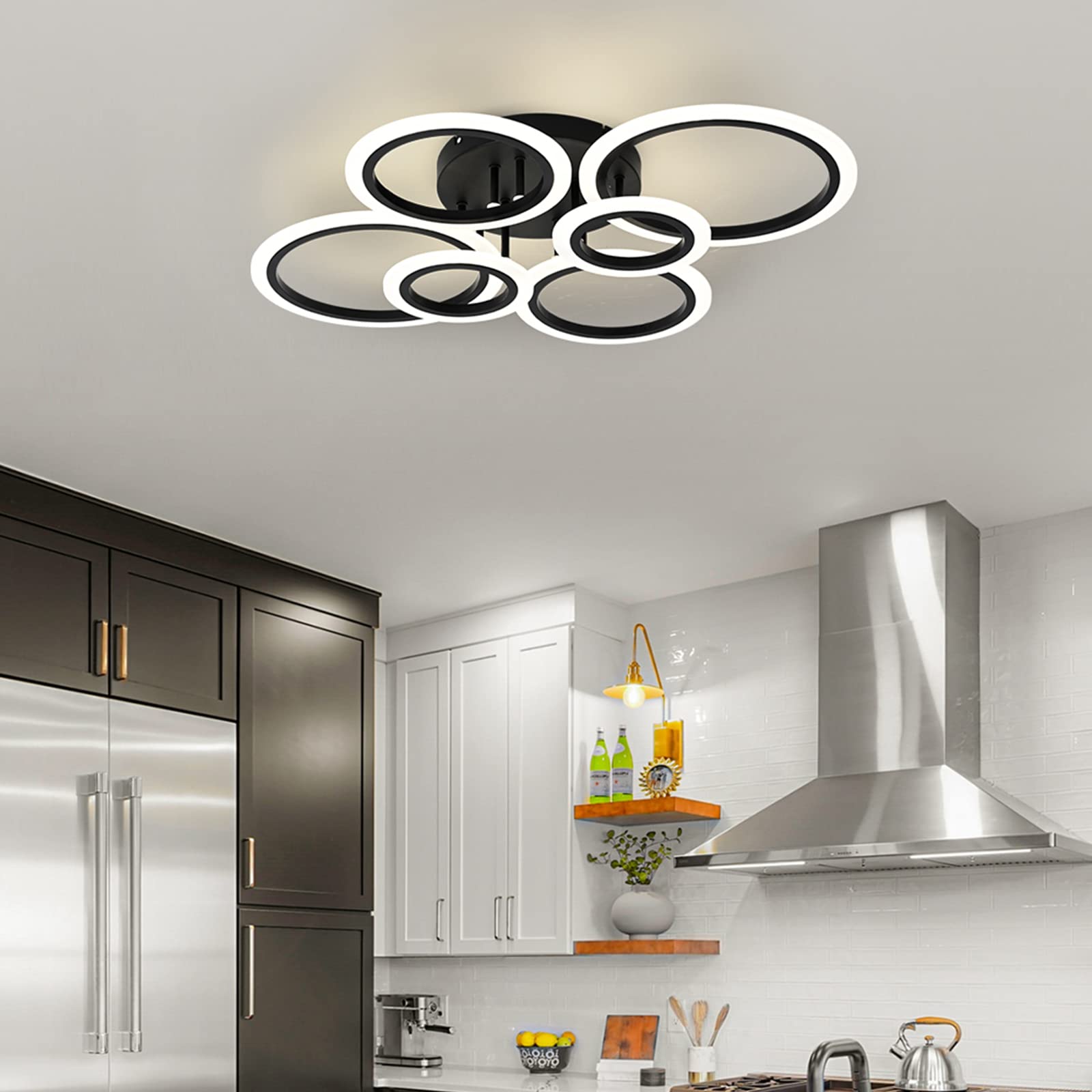 Teminbu Modern Led Ceiling Light, Black 6 Rings Flush Mount Ceiling Light, 4000K Lighting Fixture Ceiling Lamp For Kitchen, Bedroom, Living Room, Laundry Room