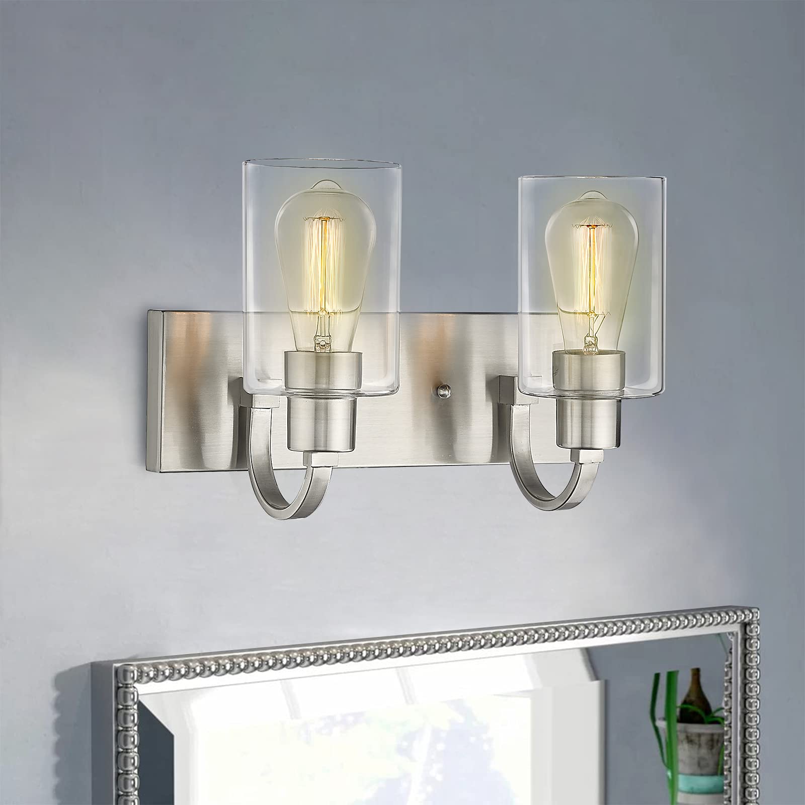 Emliviar 2-Light Brushed Nickel Bathroom Vanity Light Fixture With Clear Glass Yce237B-2W Bn