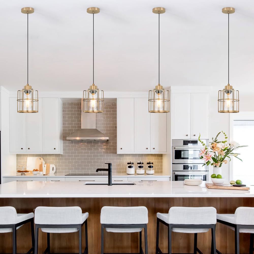 Modern Gold Clear Glass Cylinder Farmhouse Pendant Light Fixture, Kitchen Island Brass Light Fixture, Pendant Medium Hanging Lig