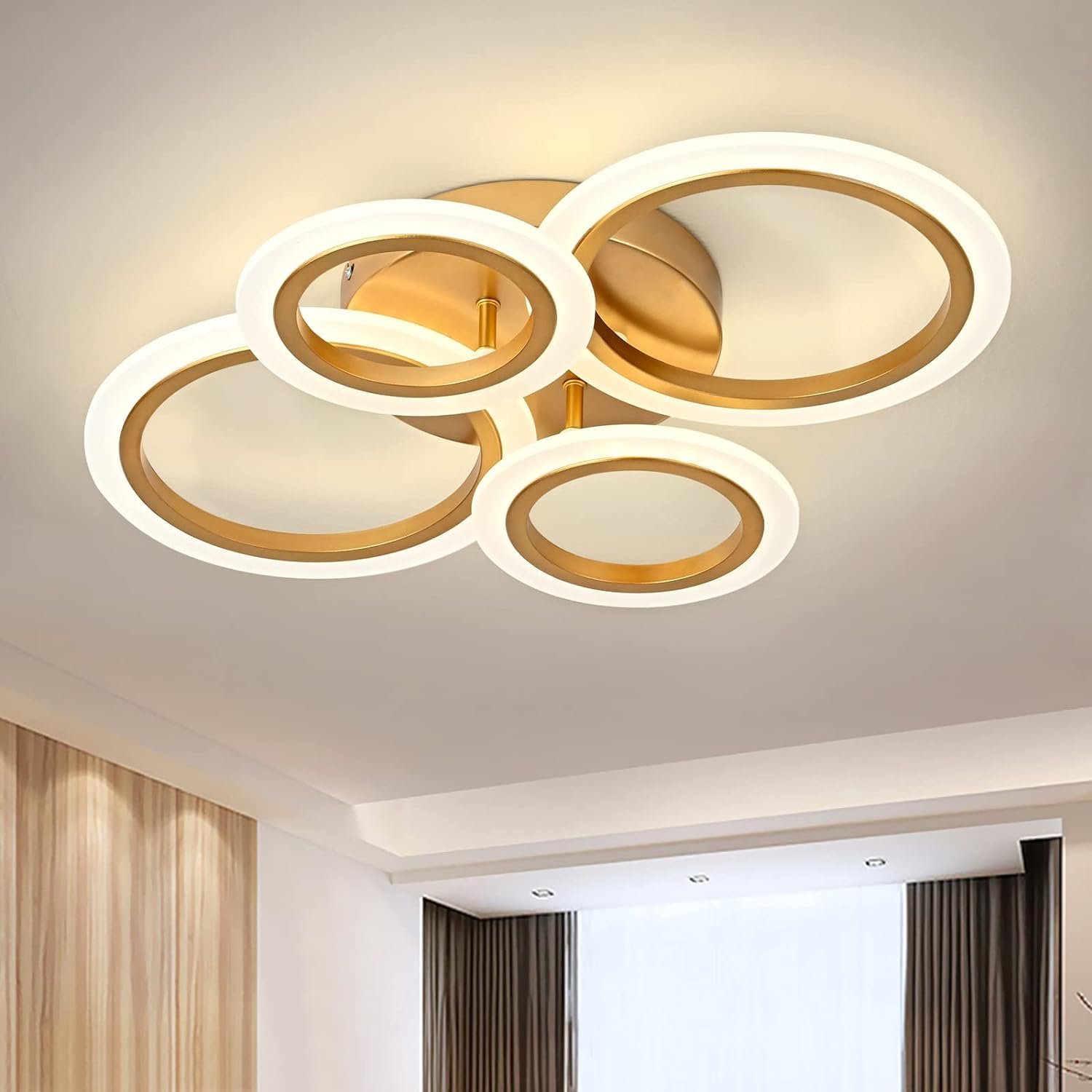 Teminbu Modern Led Ceiling Light, Gold 4 Rings Flush Mount Ceiling Light, 4000K Lighting Fixture Ceiling Lamp For Kitchen, Bedroom, Living Room, Laundry Room