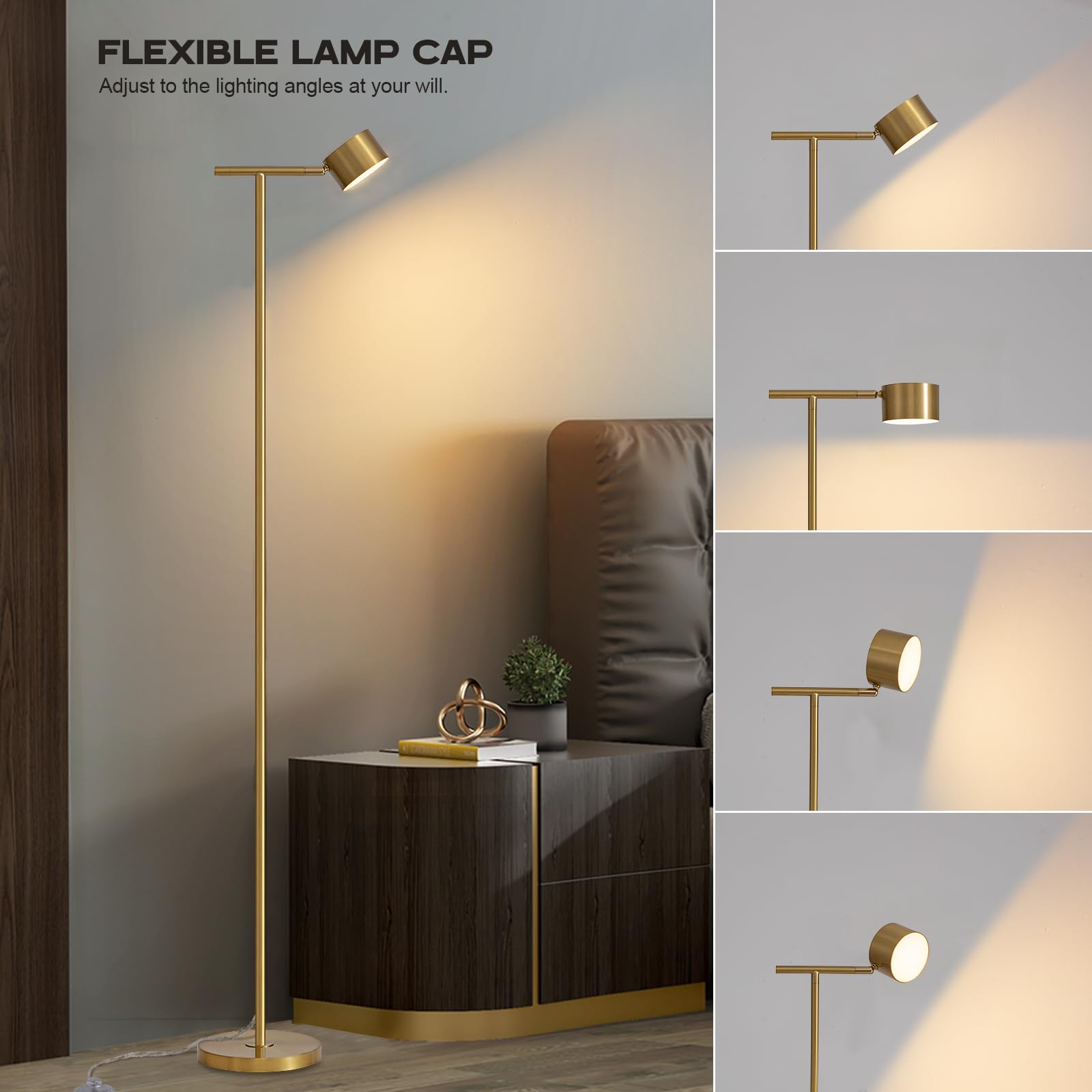 Figdifor Floor Lamp For Bedroom, 3 Color Temperatures Minimalist Floor Lamp With Flexible Lamp Cap, Modern Gold Floor Lamps For