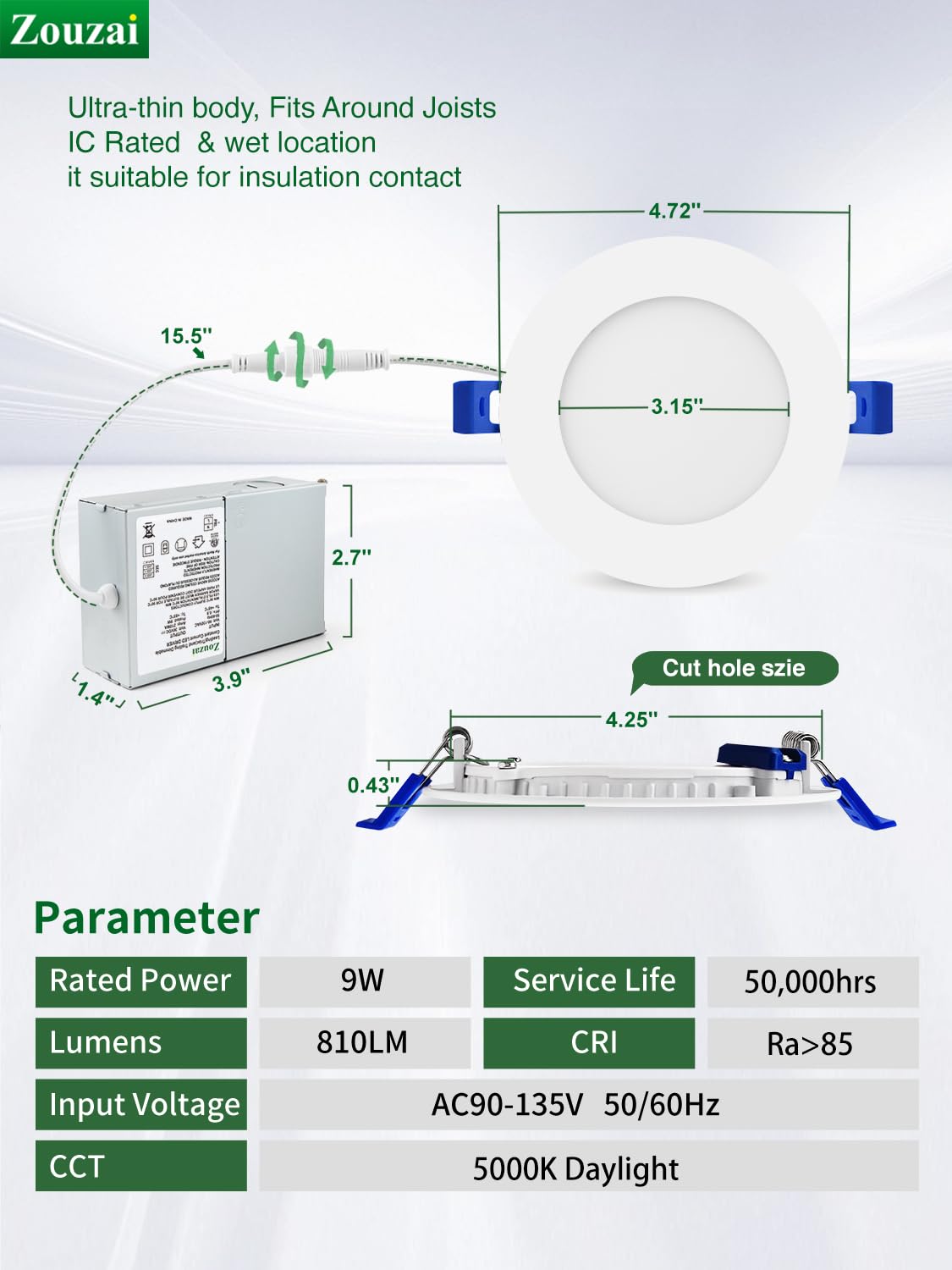 zouzai 24 Pack Ultra-Thin LED Recessed Ceiling Light, 4 Inch, 5000K Daylight, Dimmable, Aluminum, Model LBT-SRPL-19