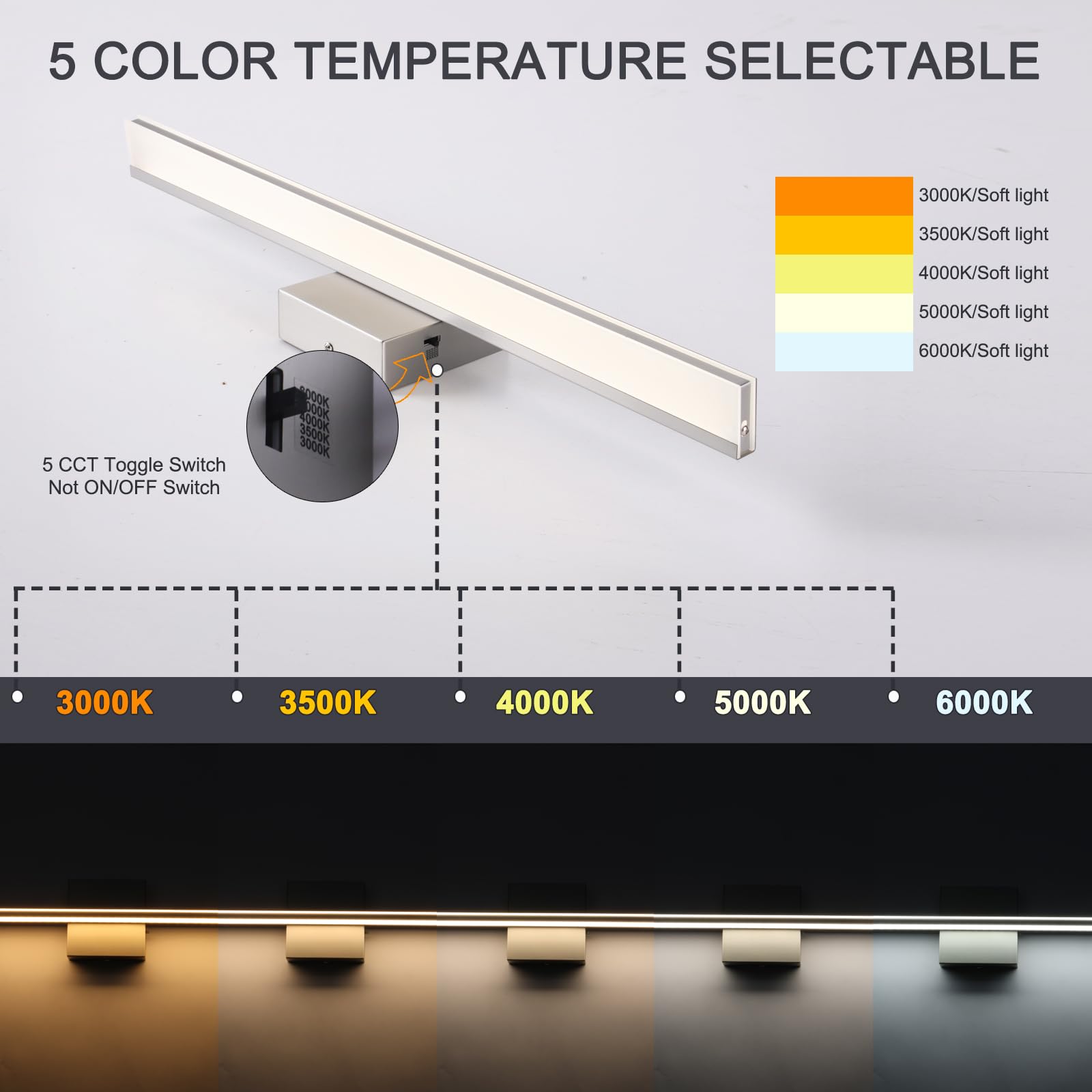 BRIVOLART LED Vanity Light Fixture 18W Dimmable 5CCT 23.6 Inch Brushed Nickel Model 6420 Acrylic Over Mirror Bathroom Lighting