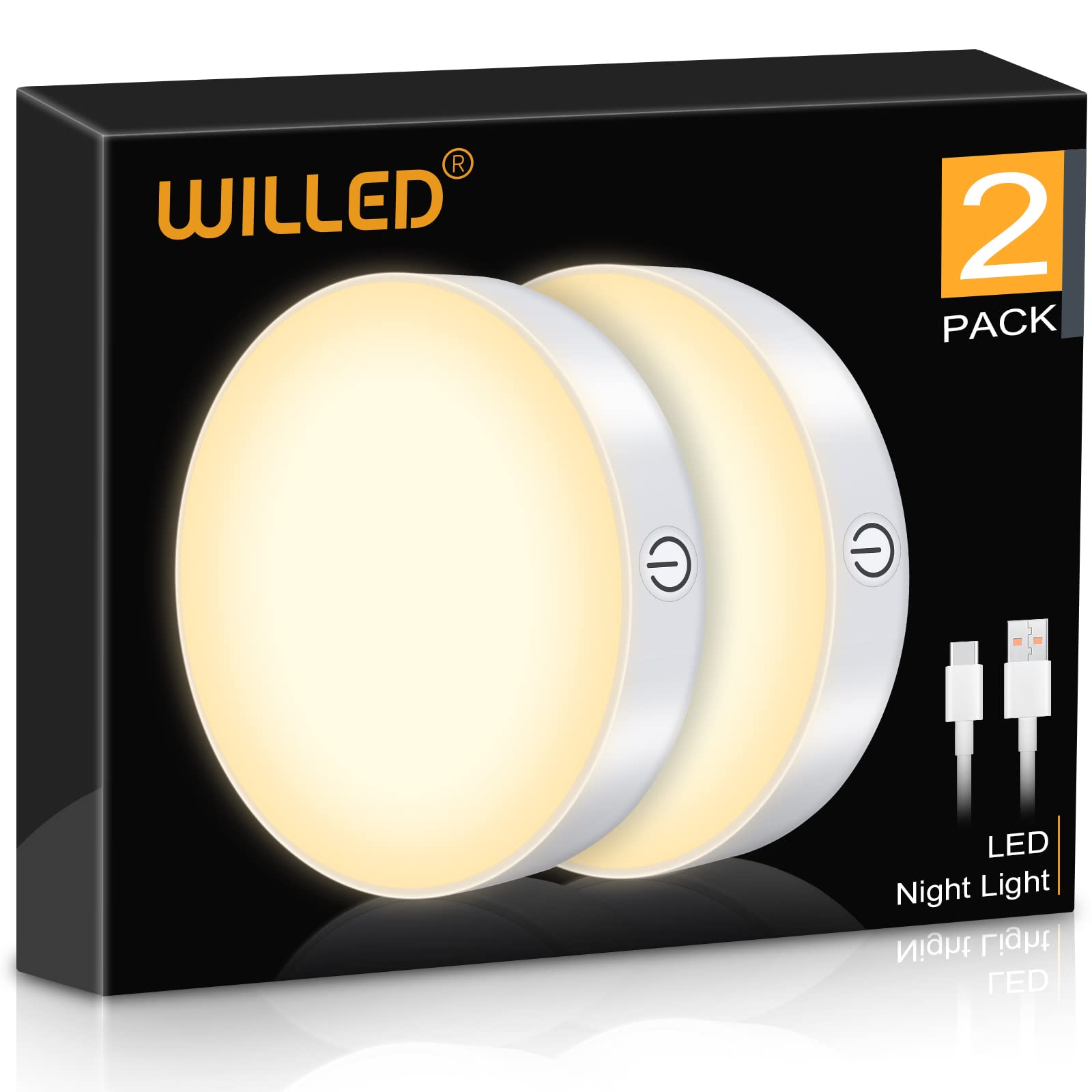 WILLED Dimmable Touch Lights, Battery Rechargeable LED Puck Lights, 3000K, White, Model WNL-A2, 2 Pack