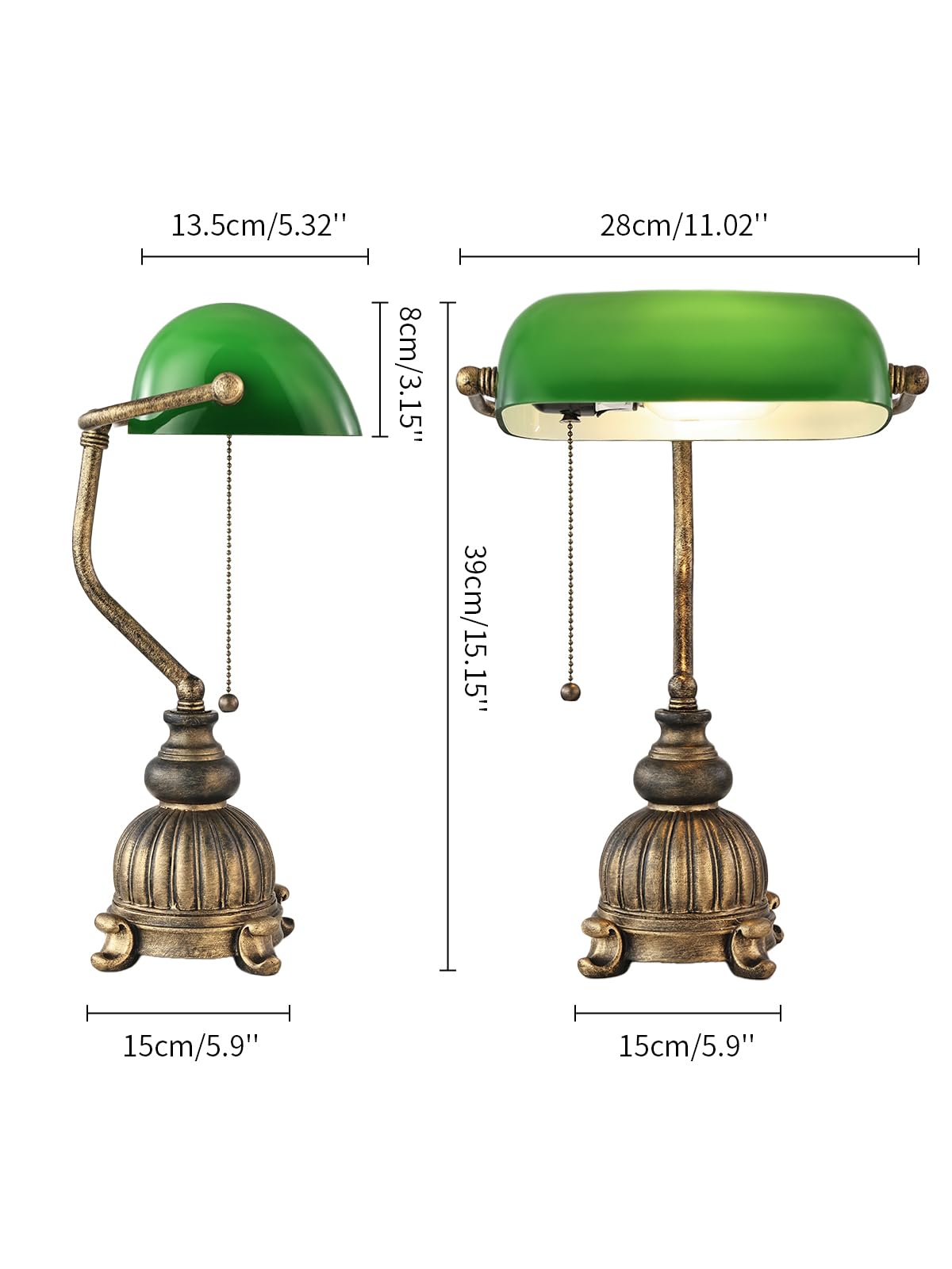 Newrays Vintage Green Glass Bankers Desk Lamp, Antique Green, LED Bulb, Pull Chain Switch, Model T906SZ-3
