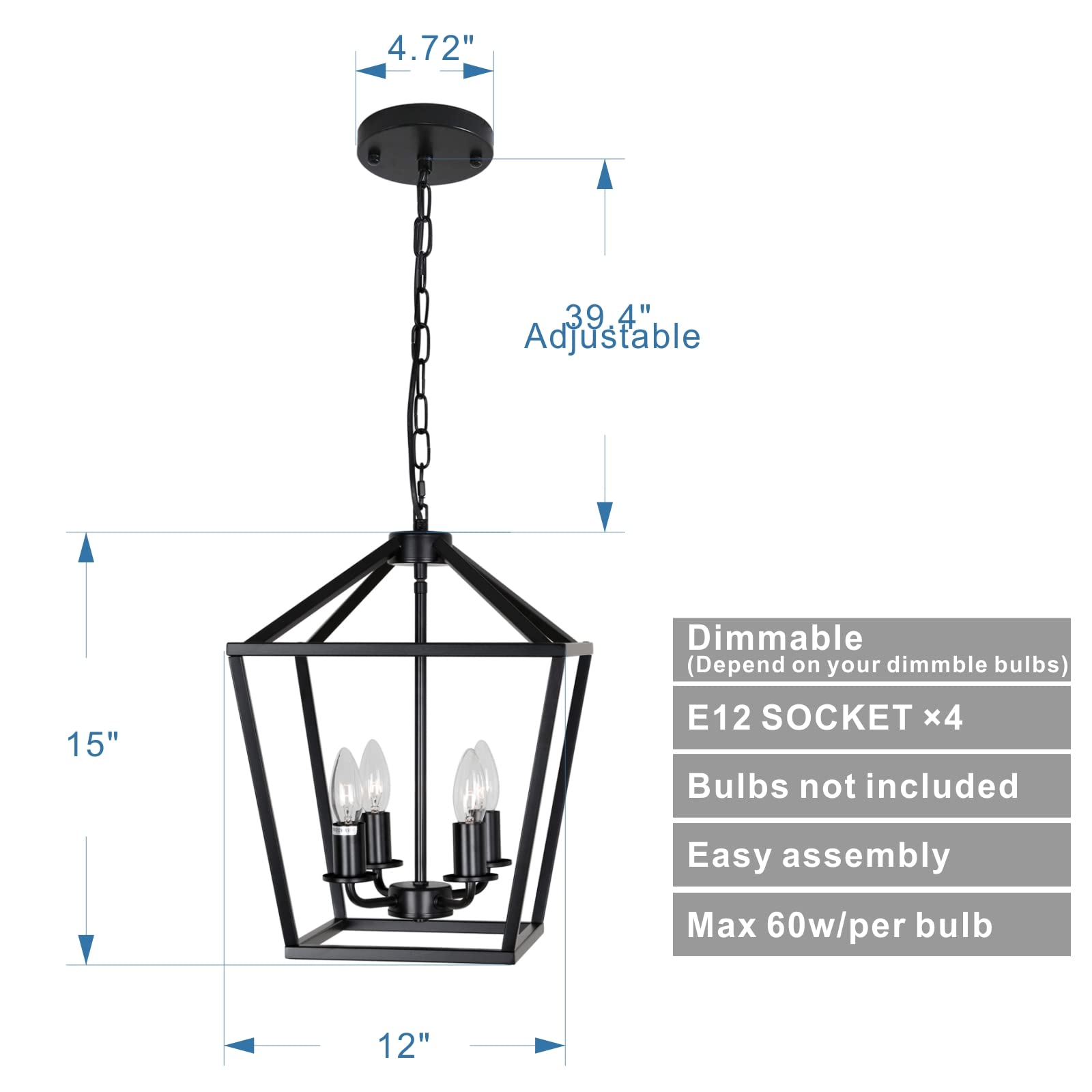 Telafly 4-Light Lantern Pendant Light,Modern Industrial Black Cage Farmhouse Chandelier For Kitchen Island,12'' Rustic Metal Han
