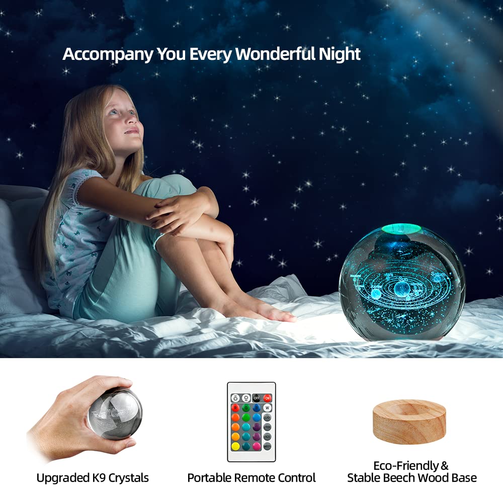3D Solar System Crystal Ball Night Light With 16 Color Led Wooden Base, Upgraded 3.15 Inch Galaxy Planets Glass Ball Lamps With