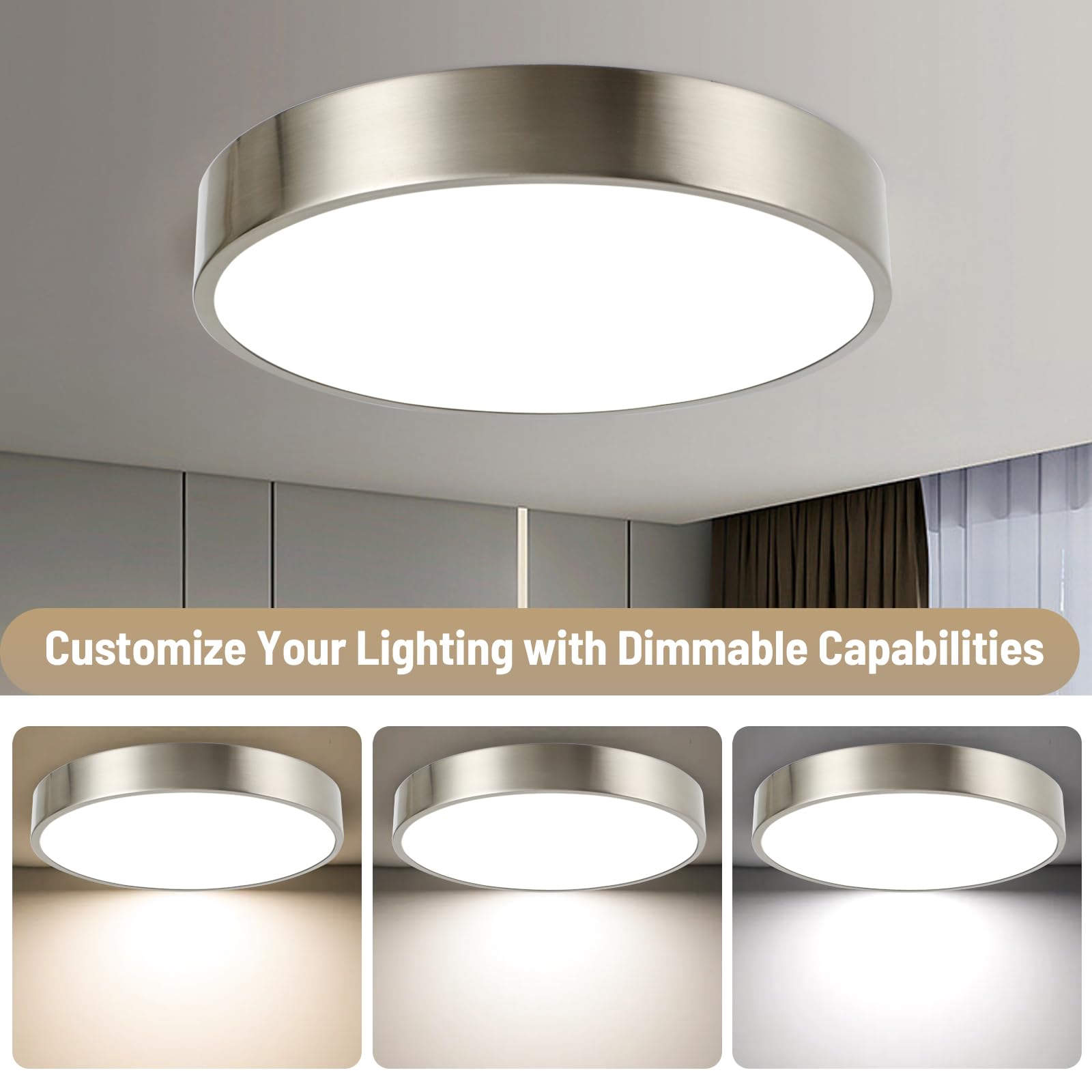 Hikaproligt 13Inch Modern Nickel Led Flush Mount Ceiling Light| 26W Low Profile Ceiling Light|3000K-5000K Dimmable Ceiling Light