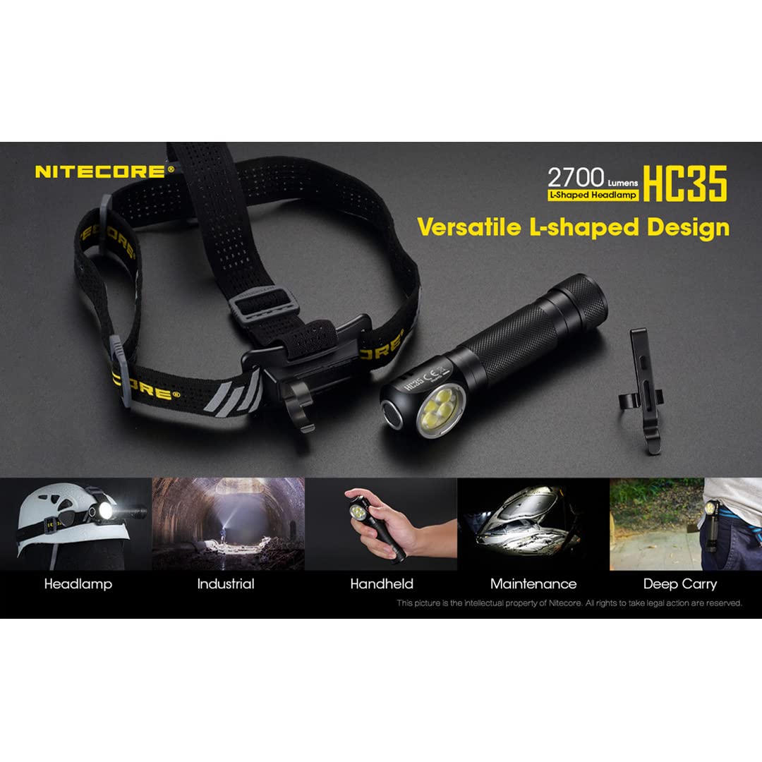 Nitecore Hc35 Headlamp Flashlight With Battery, 2700 Lumen Usb Rechargeable L-Shape Detachable With Lumentac Organizer