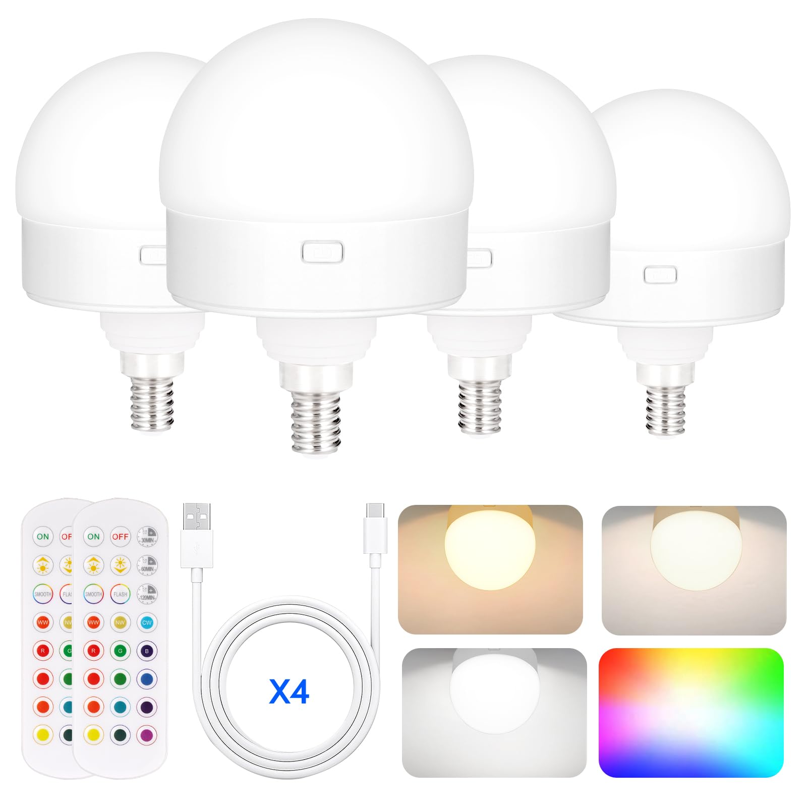 Yochoice 4-Pack E12 Rechargeable Battery Operated Light Bulb With Remote, Dimmable Led Bulb With 15 Colors Selectable & 3 Timer,