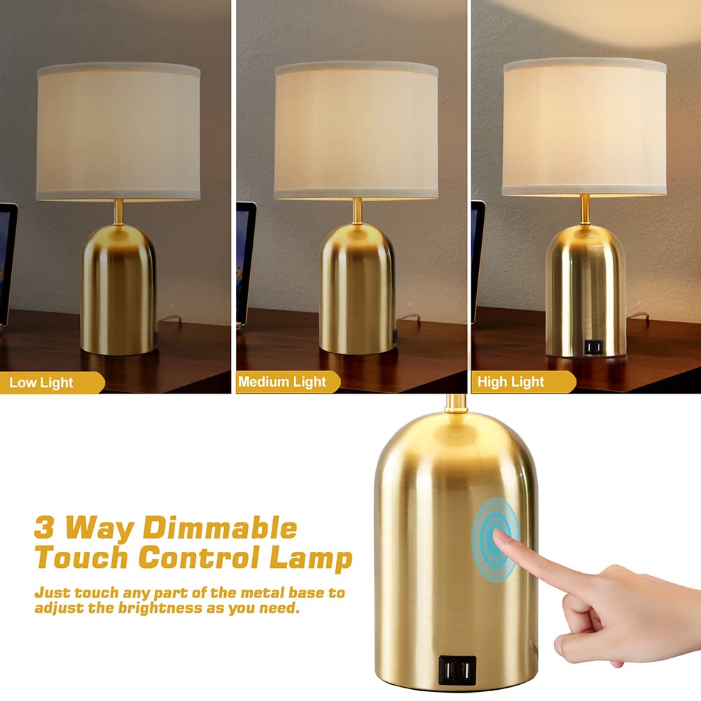 Gyrovu Touch Control Bedside Lamp, 3 Way Dimmable, Usb Port, Gold Fabric Shade, Led Bulb Included